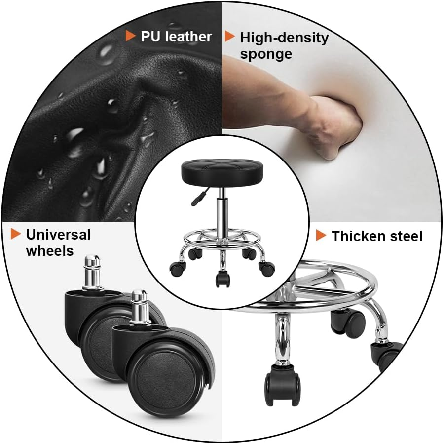 KKTONER round Rolling Stool Chair PU Leather Height Adjustable Swivel Drafting Work SPA Shop Medical Salon Stools with Wheels Office Chair Small (Black) - Black image number 5