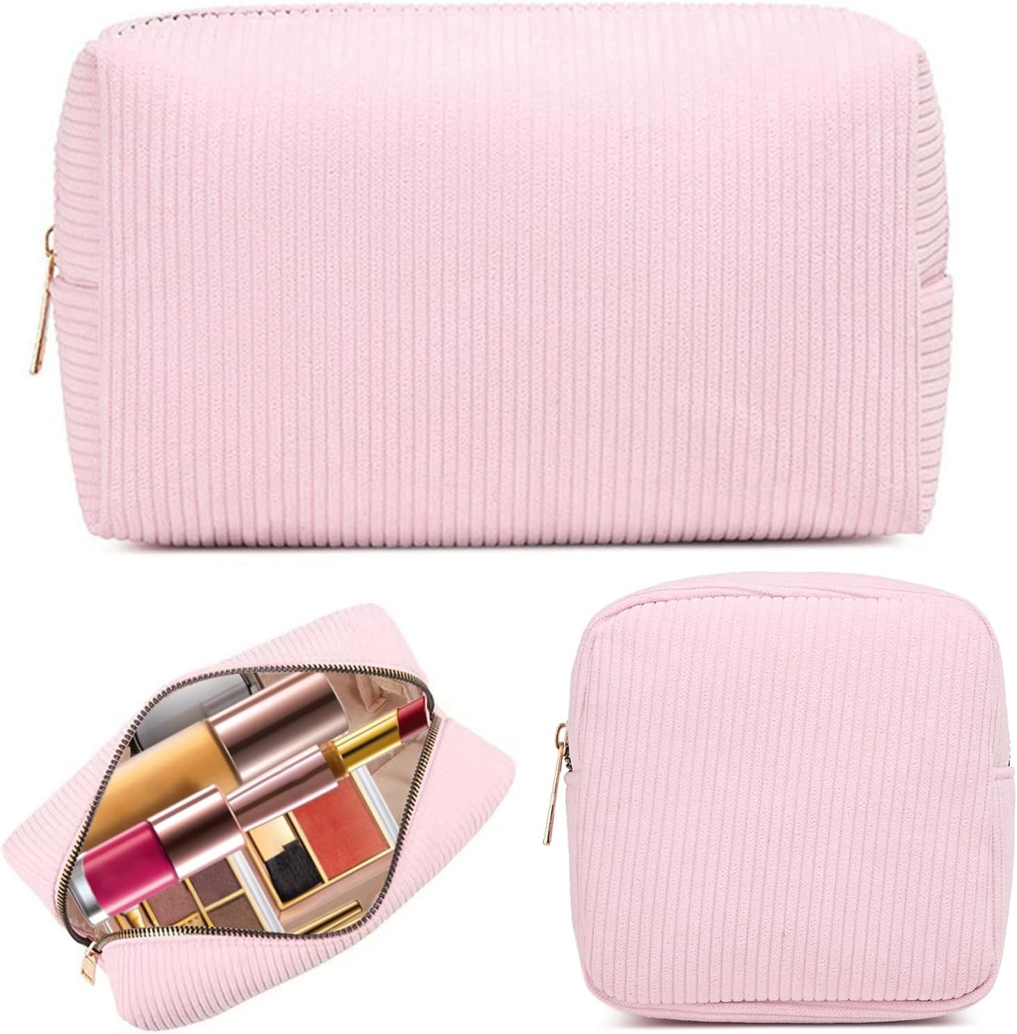 Make up Bag, Pack of 2 Cosmetic Bags, Cord Makeup Bag, Small Cosmetic Bag, Travel Cosmetic Bags with Metal Zip for Handbag (Pink) image number 3