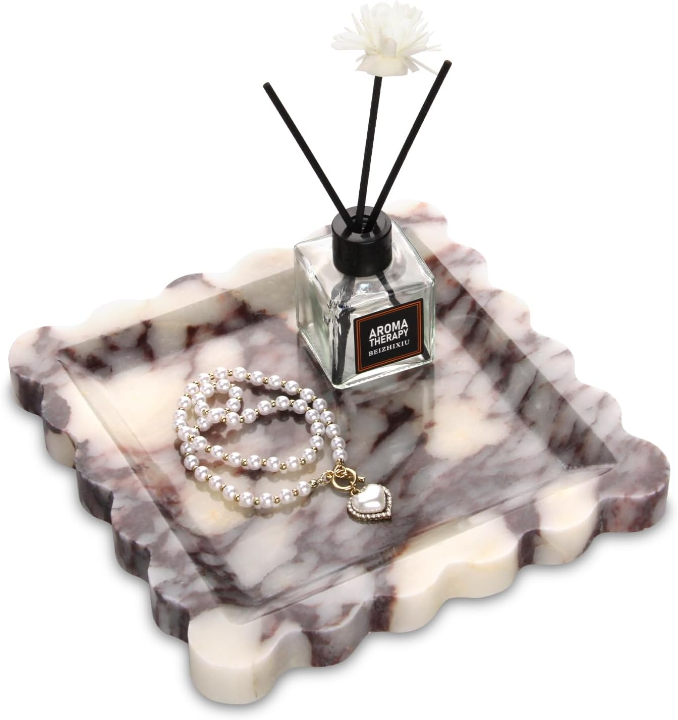 Square Marble Decorative Tray with Scalloped Edge,Luxury Natural Italian Stone Bathroom Vanity Tray, Dresser Top Perfume Coffee Home Sink Tray, Key Trinket Ring (Turkey Calacatta Viola, 8 * 8) image number 6