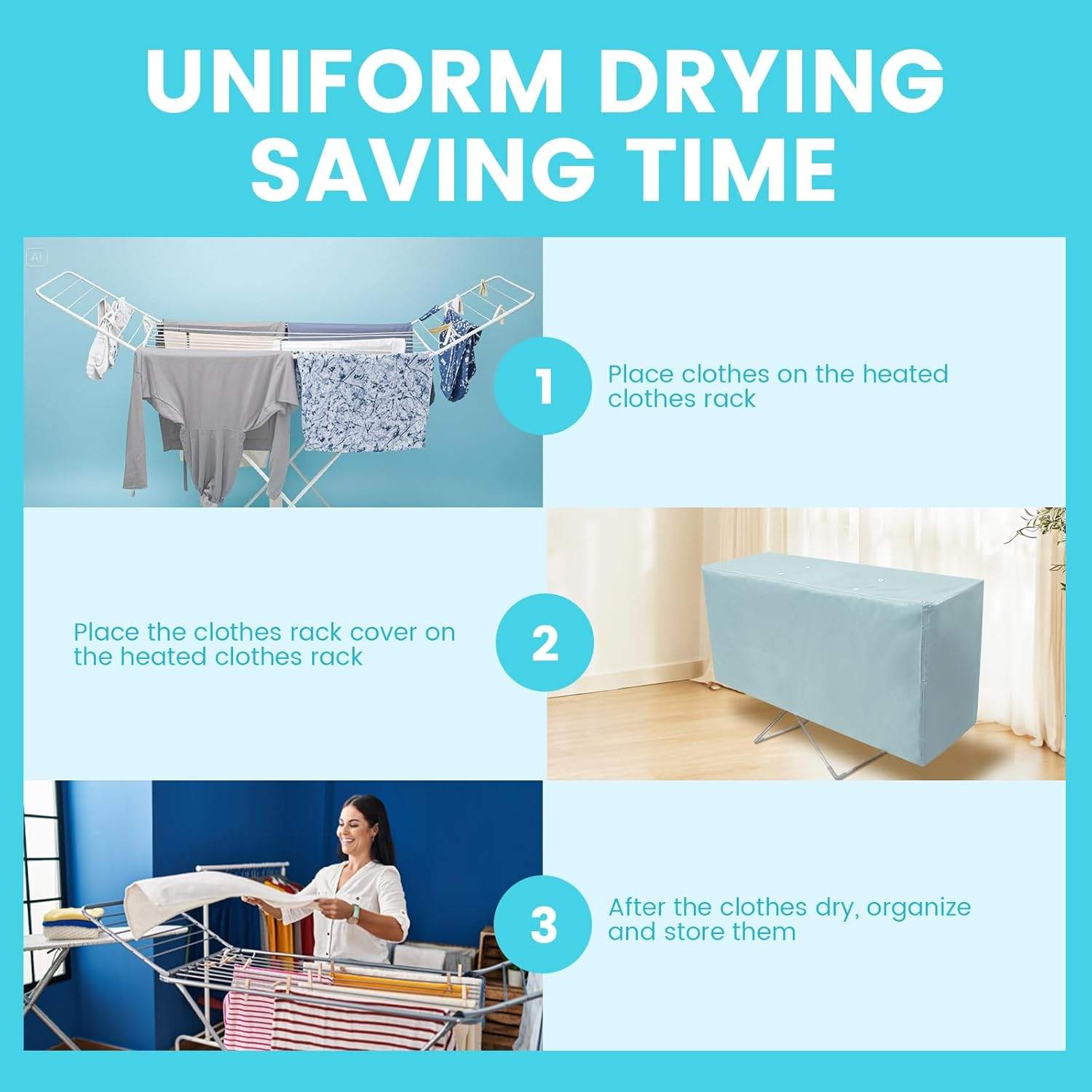 NIPUAEGO Heated Clothes Airer Drying Cover, Electric Heated Folding Clothes Dryer Airer Cover for Saving Drying Time and Energy Consumption 1460X530X740Mm (Grey) image number 2