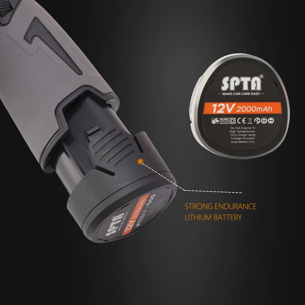 SPTA Battery Wax Machine, 125 Mm, 150 Mm Dual Action Polishing Machine Polisher with 6 Levels, Replaceable Batteries 12 V, 2 X Polishing Hoods, 6 X Polishing Sponge, 6 X Polishing Pads for Waxing image number 3