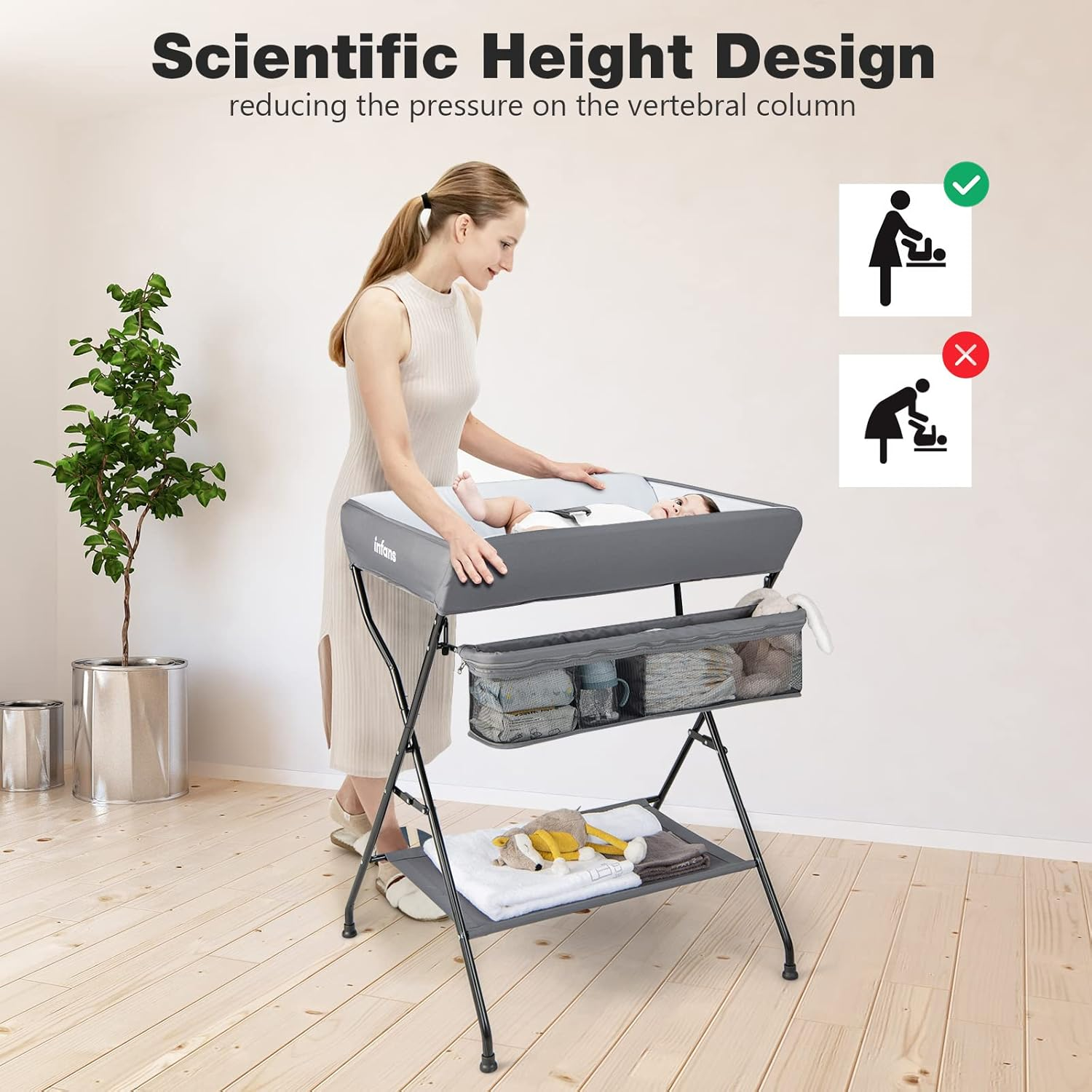 INFANS Baby Portable Changing Table, Infant Diaper Station with Storage Basket & Shelf, Foldable Nursery Organizer (Grey)