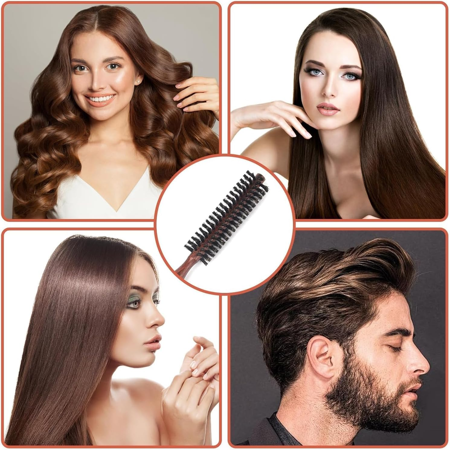 Boar Bristle round Brush, Small Hair round Brush, Portable Natural Bristles, Hair Brush, Travel Brush with Wooden Handle for Short Hair, Thin Long Hair, Mini Beard Brush for Men and Women