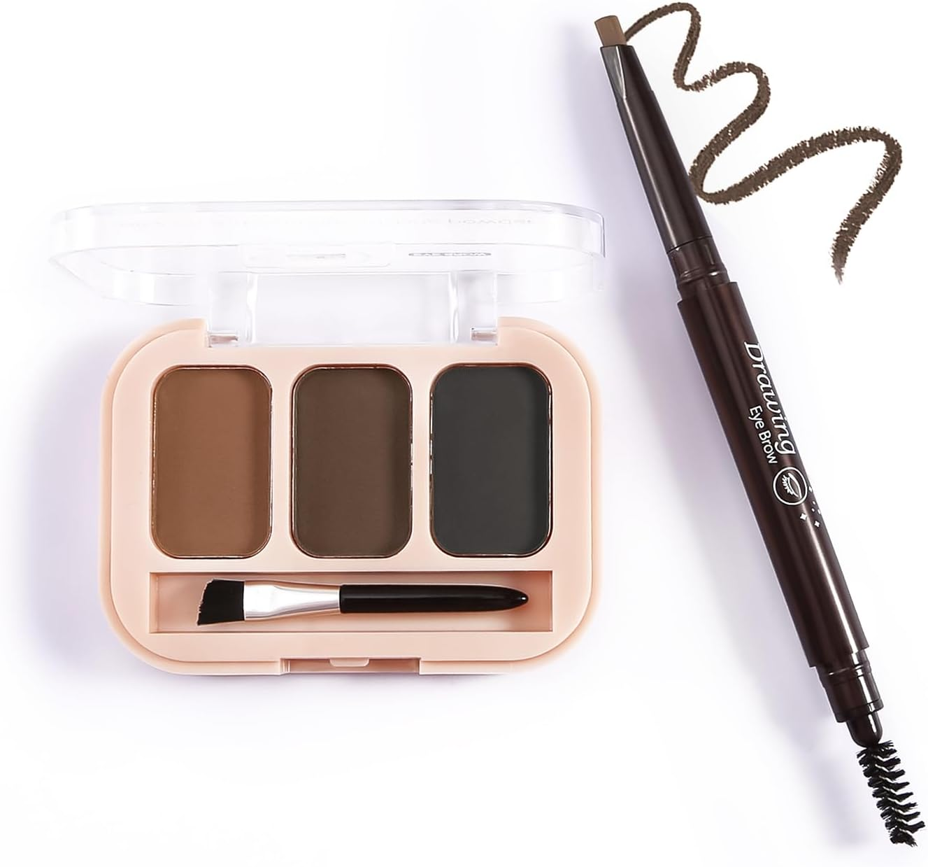 Boobeen 3 Colour Brow Powder and Dual-Ended Eyebrow Pencil Set with Angled Brush，Microblading Eyebrow Pen with Spiral Brush，Creates 3D Brows All Day Long