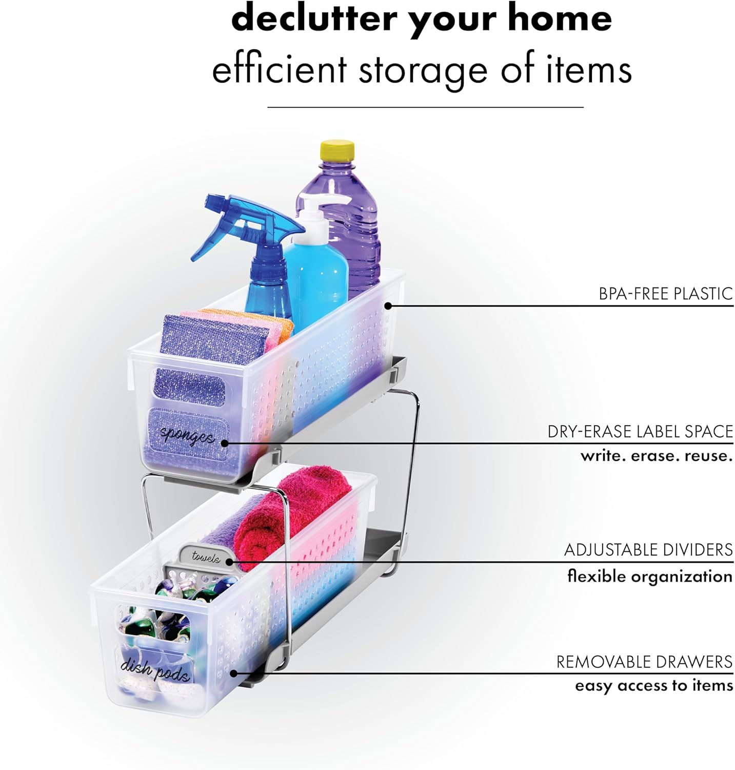 Madesmart Mini 2-Tier Organizer, Multi-Purpose Slide-Out Storage with Handles and Dividers for Home and Bath, Frost image number 1
