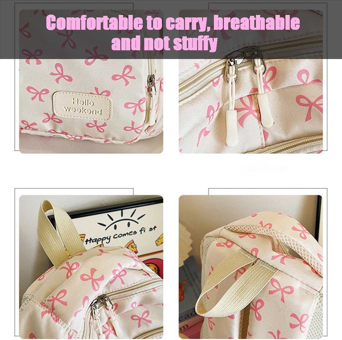 3Pcs Set Bow Backpack for Girls, Pink Bow Backpack, College Style Large Capacity Nylon Bow Bookbag Set - Pink image number 3