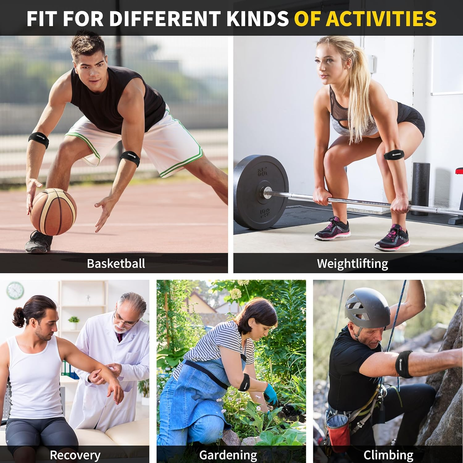 CAMBIVO 2 Pack Tennis Elbow Brace for Men & Women, Elbow Pain Relief for Tendonitis, Tennis & Golfer'S Elbow, Adjustable Elbow Strap with Compression Pad (Black 2 Pack) image number 6