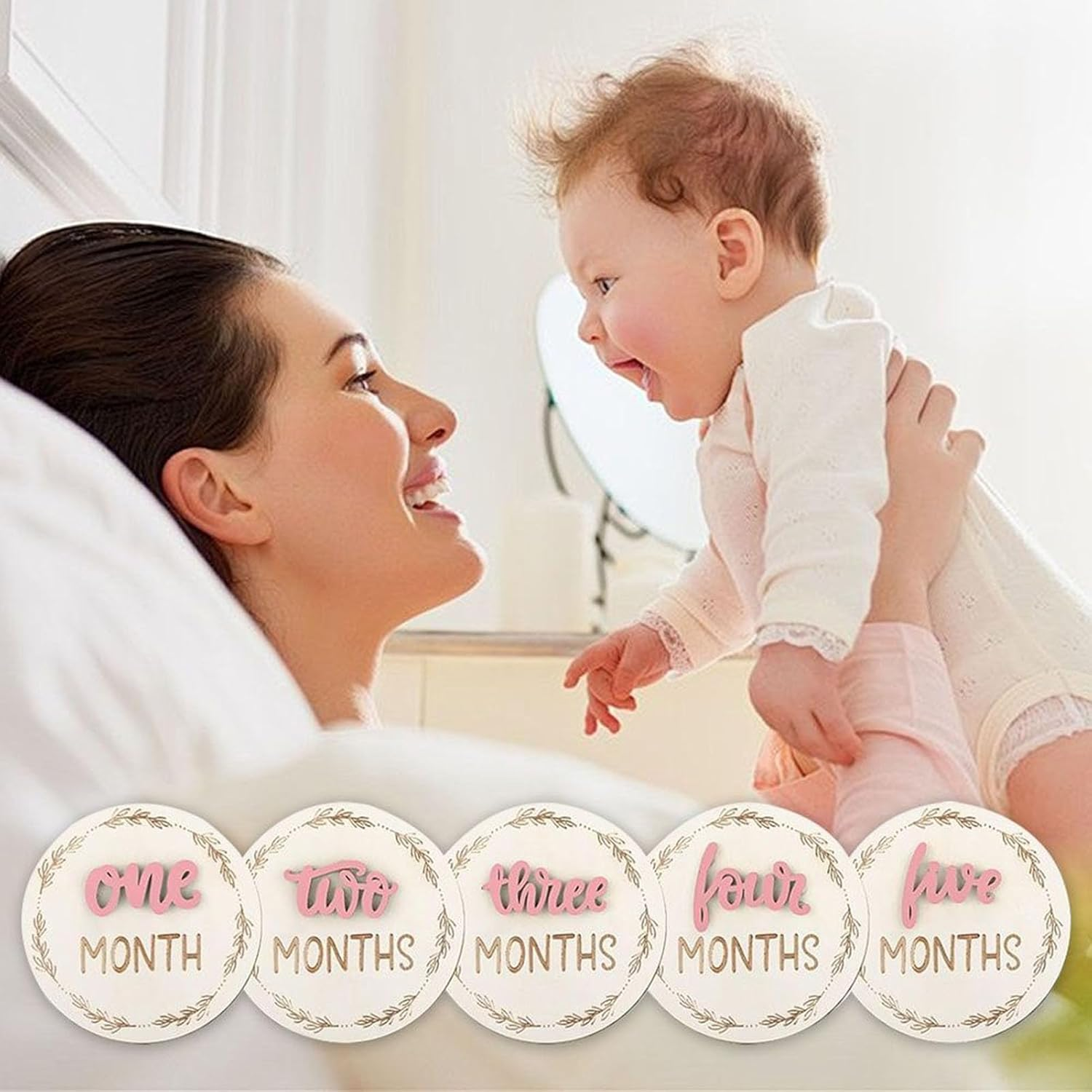 Baby Monthly Announcement Card - Double Sided 3D Baby Picture Signs | Decorative Wooden Birth Growth Cards, Reusable Month Marker Discs for Kids Room Nursery Living Room - Green image number 6