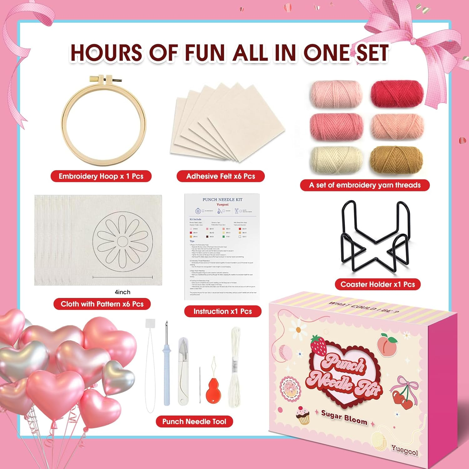 Yuegool 6PCS Punch Needle Coaster Kit,Easy DIY Embroidery Set for Beginners, Kids & Adults,Valentine&rsquo;S Day Gift with Patterns, Tools, Yarns, Hoop, Instructions & Coaster Holder image number 2