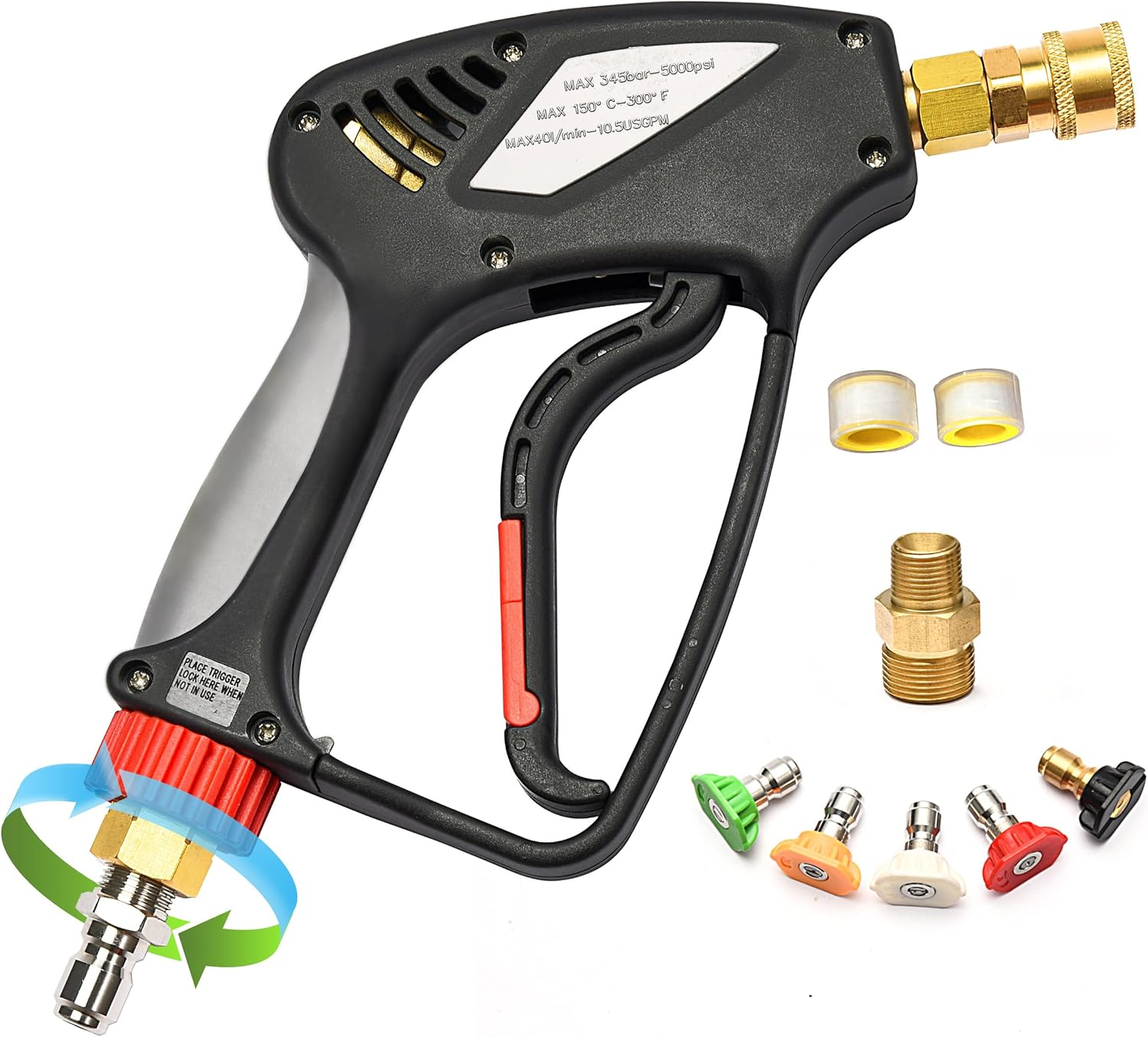ANJIESENG Pressure Washer Short Gun, 5000 PSI /10.5 GPM Industrial Grade Best for Gas Power Washer with 360 Degree Swivel, 3/8&rdquo; Quick Connector M22 14 Fitting with 1/4" Quick Socket 5 Nozzle Tips image number 2