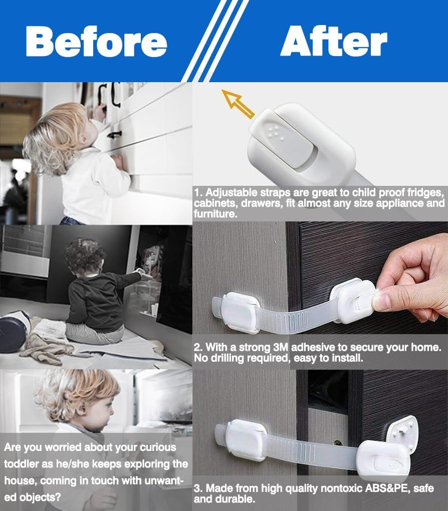 Vivva Child Safety Strap Locks 8 Pack Baby Locks for Cabinets and Drawers, Toilet, Fridge & More, 3M Adhesive Pads, Easy Installation, No Drilling Required (White)