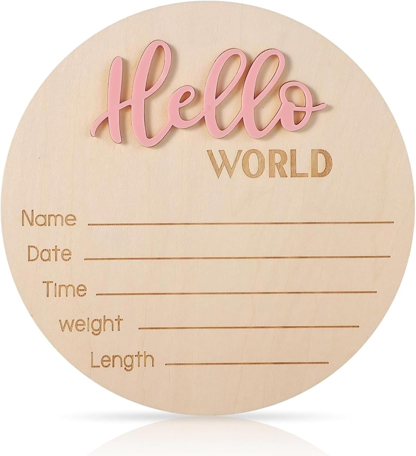 RIKONDA Wooden Baby Birth Announcement Sign, 15Cm Hello World Plaque for Newborn Photo Props, Nursery Wall Decor(Light Pink) image number 3