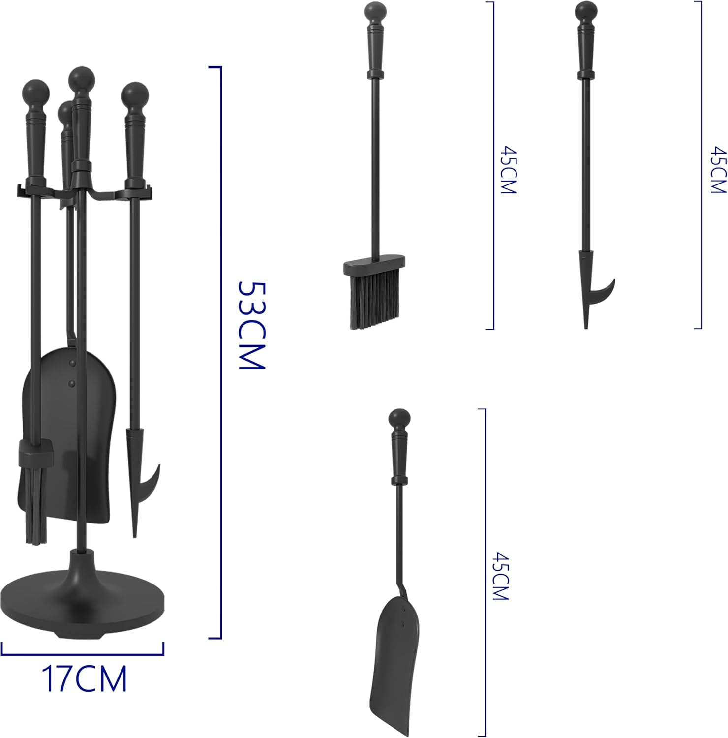 Kingson 4 Piece Cast Iron Fireplace Tool Set Including Brush, Shovel, Poker, Stand, Diameter 16.5 X 53 Cm, Fireplace Companion Set image number 1