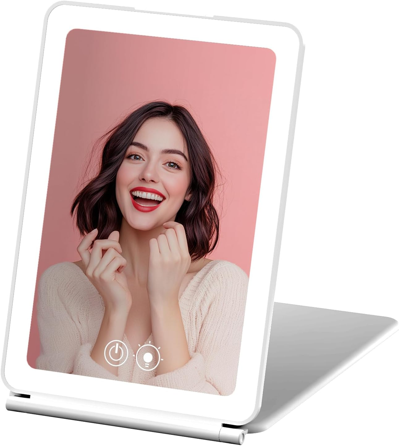 ROTOPATA Rechargeable Travel Makeup Mirror with 5X Magnification, Portable Lighted Travel Mirror with 72 Leds, 3 Color Lighting Foldable Compact Vanity Mirror with Dimmable Touch Screen