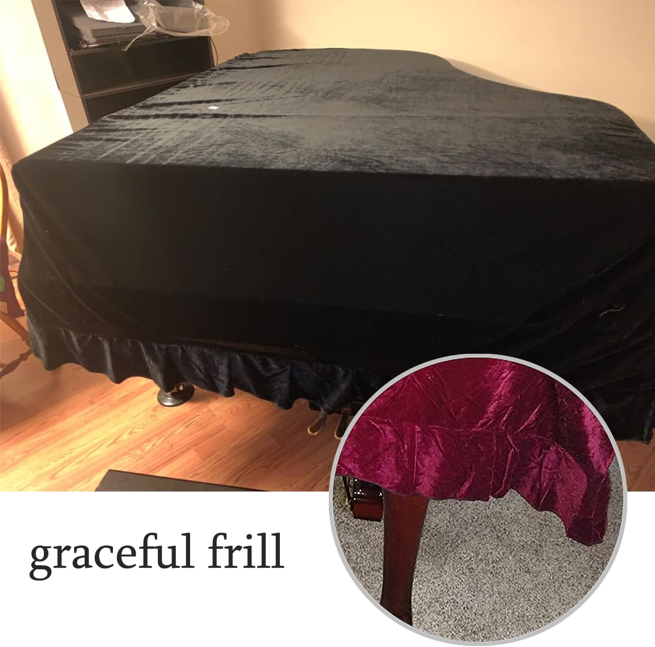 J&C Grand Piano Cover 220G Thicker Pleuche Cloth Solf Velvet Cover 5Ft 5.5Ft 5&rsquo;8Ft 6Ft 6.8Ft 7.5Ft 8 Ft Dust-Proof Anti-Static Universal Covers Black (190-200Cm) image number 5