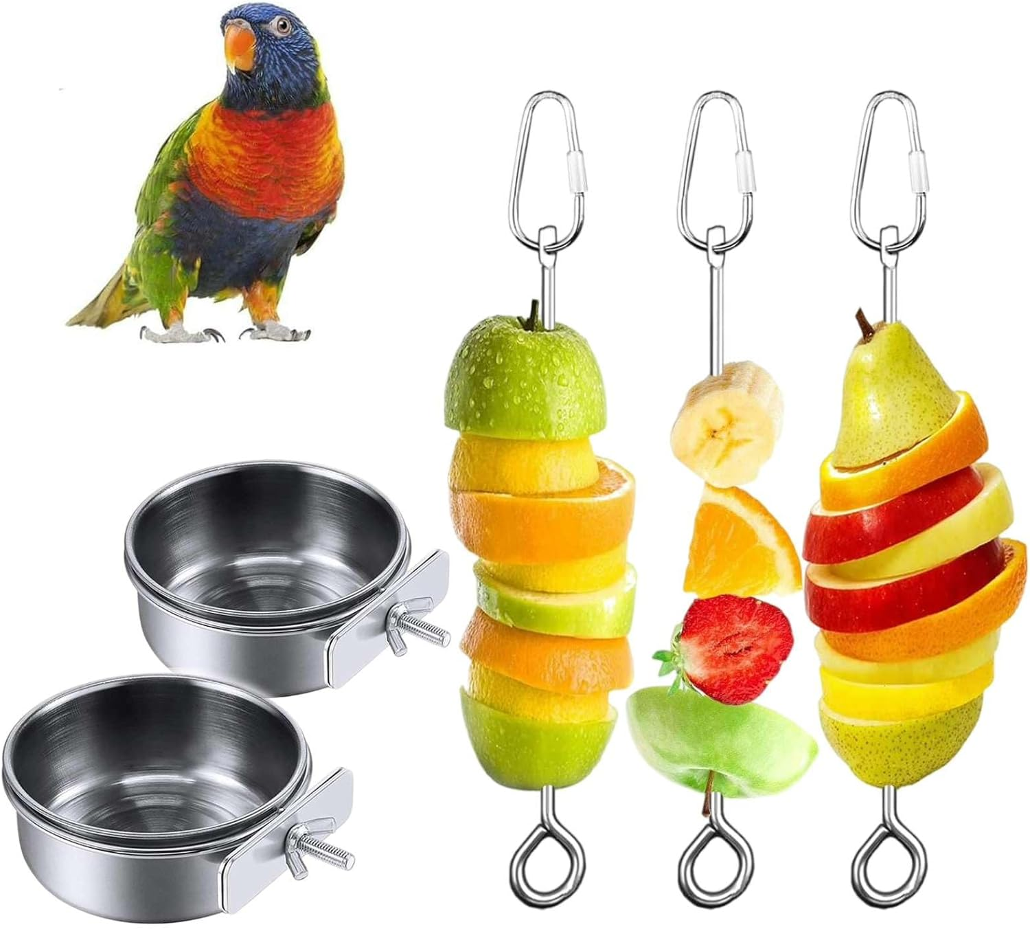 Hilleo Bird Feeder Bird Cage Accessories Include 2Pcs Stainless Steel Bird Bowls with Clamp Holder and 3Pcs Bird Food Holder, for Chinchilla Parrot Macaw Budgie Cockatiel Parakeet and Small Animals