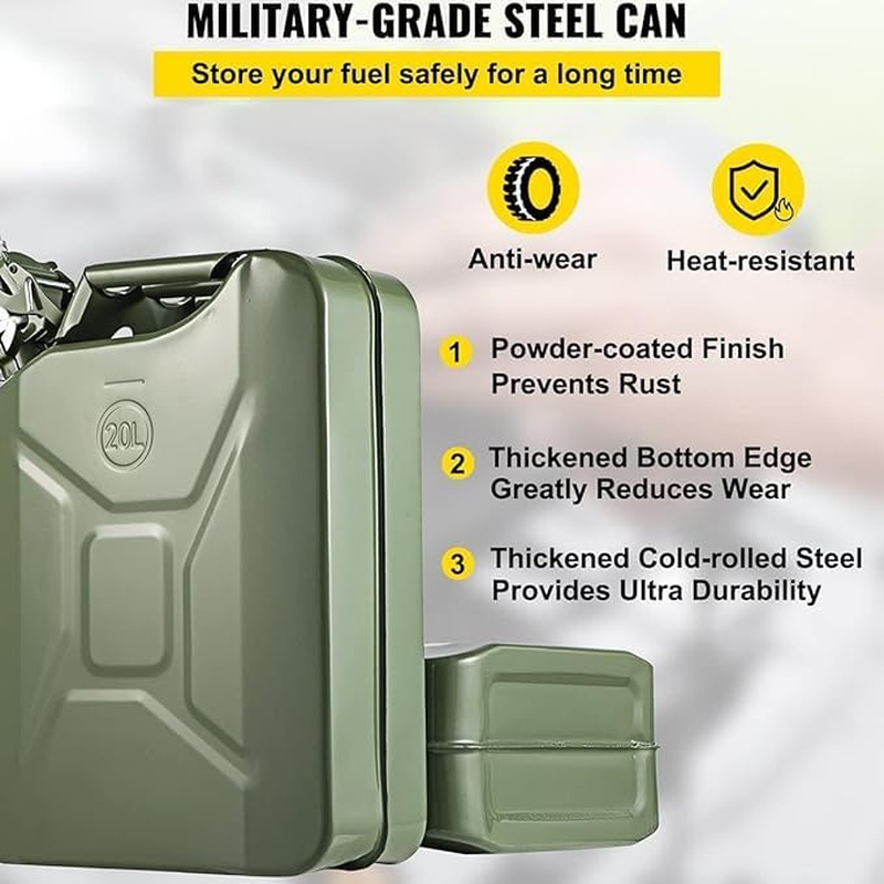 20L 5 Gallon Metal Gas Can Green with Fuel Can and Spout System, US Standard Cold-Rolled Plate Petrol Can, Gasoline Bucket for Motorcycle Dirt Bike UTV SUV ATV (37Cm X 16.5Cm X 46Cm) image number 1