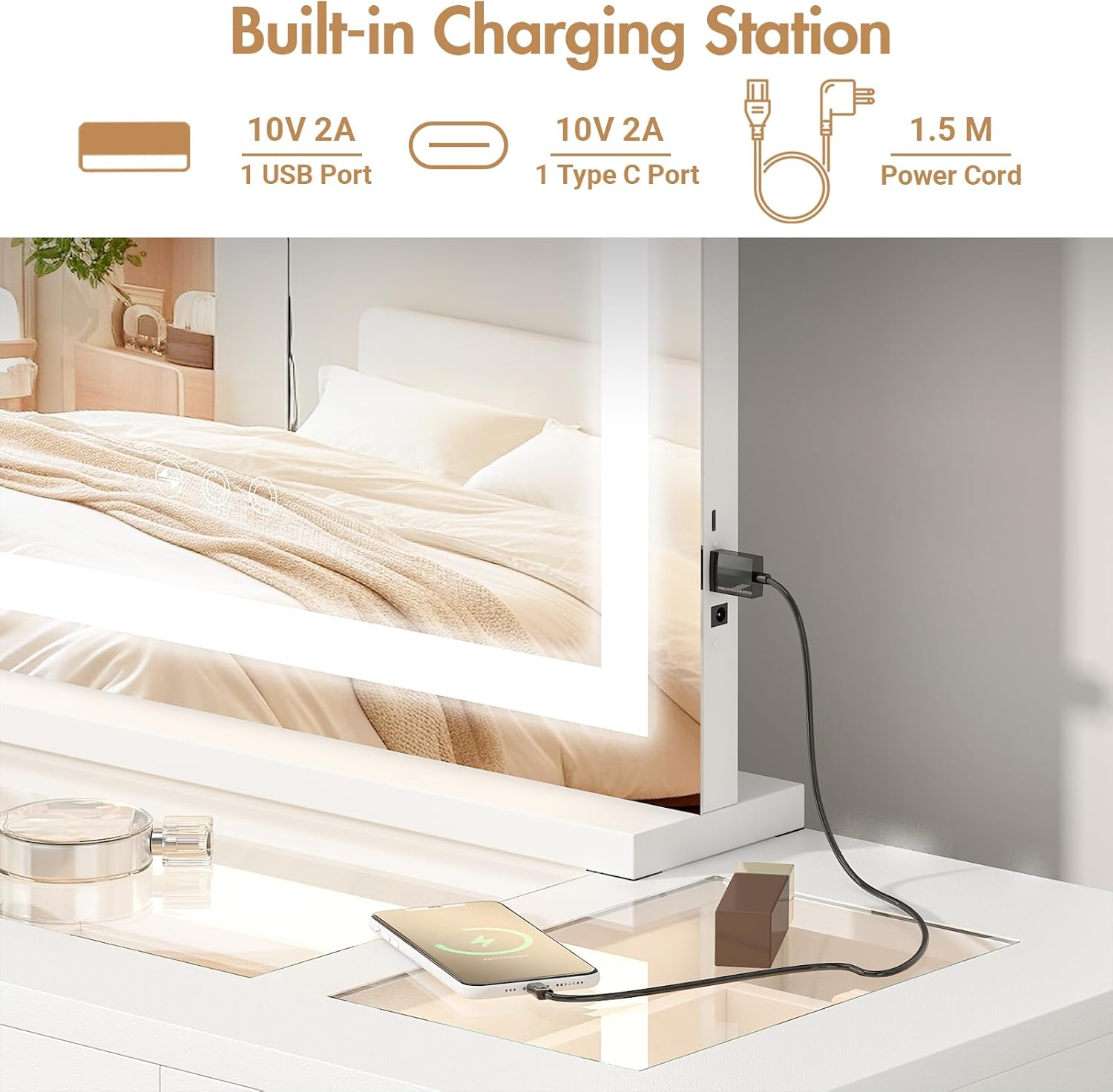 Advwin Lighted Vanity Mirror, 3-Color Dimmable LED & Touch Control - Large Makeup Mirror for Dressing Room with 5X Magnification Mirror Tabletop or Wall-Mounted, White image number 6