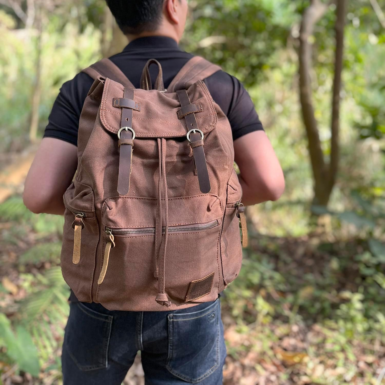 AUGUR Vintage Canvas Leather Backpack Large Laptop Rucksack Bookbag Satchel Hiking Bag image number 2