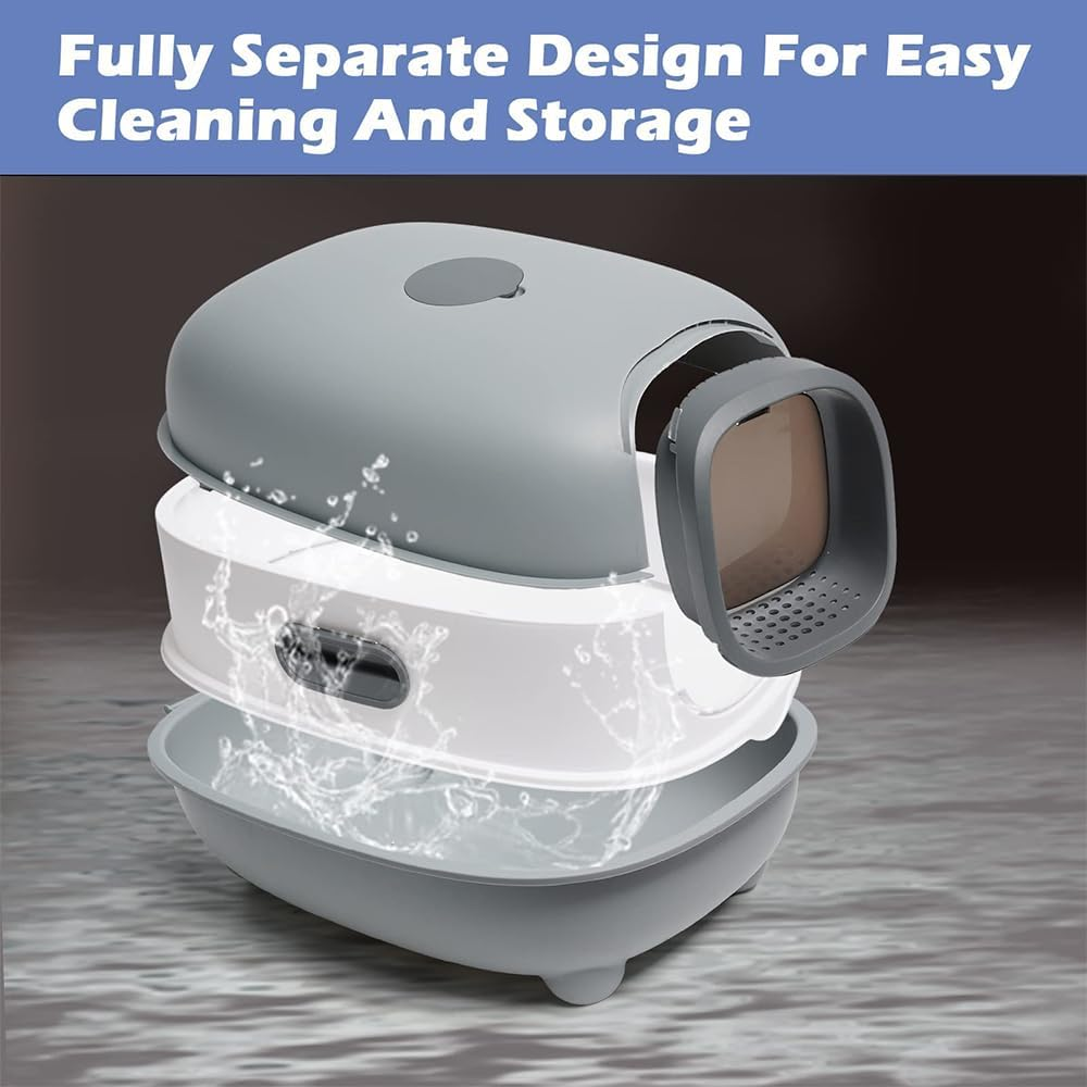 Cat Litter Box with Lid and Scoop UV Sterilization and Deodorization, Easy to Clean and Splash-Proof Detachable Cat Litter Tray with Hood for Medium and Small Cats 55X38X36Cm (Grey)