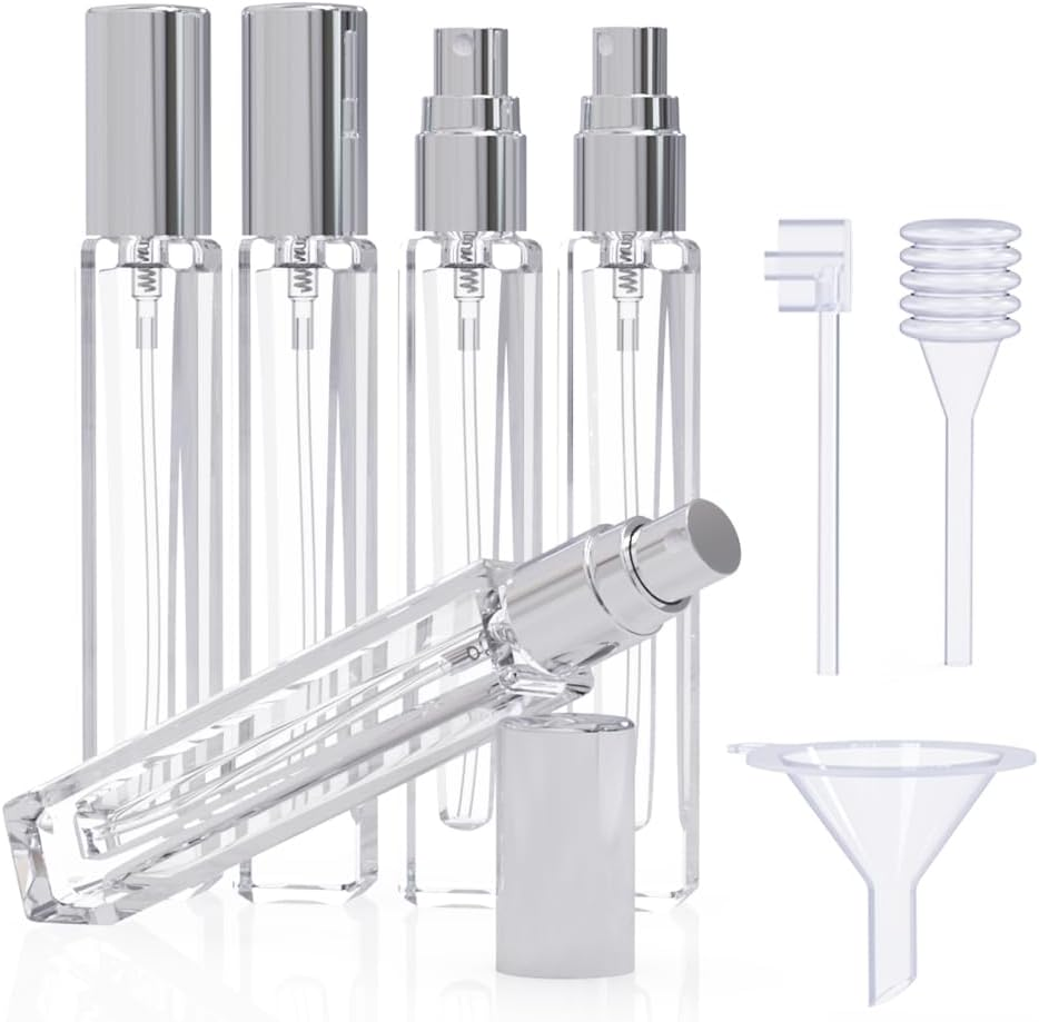 5PCS Cologne Atomizer Empty, 10ML Mini Perfume Bottles Refillable with Dispenser Tools, Pocket Spray Bottle for Travel and Sample Container (Transparent+Silvery Cap) - Transparent+Golden Cap image number 5