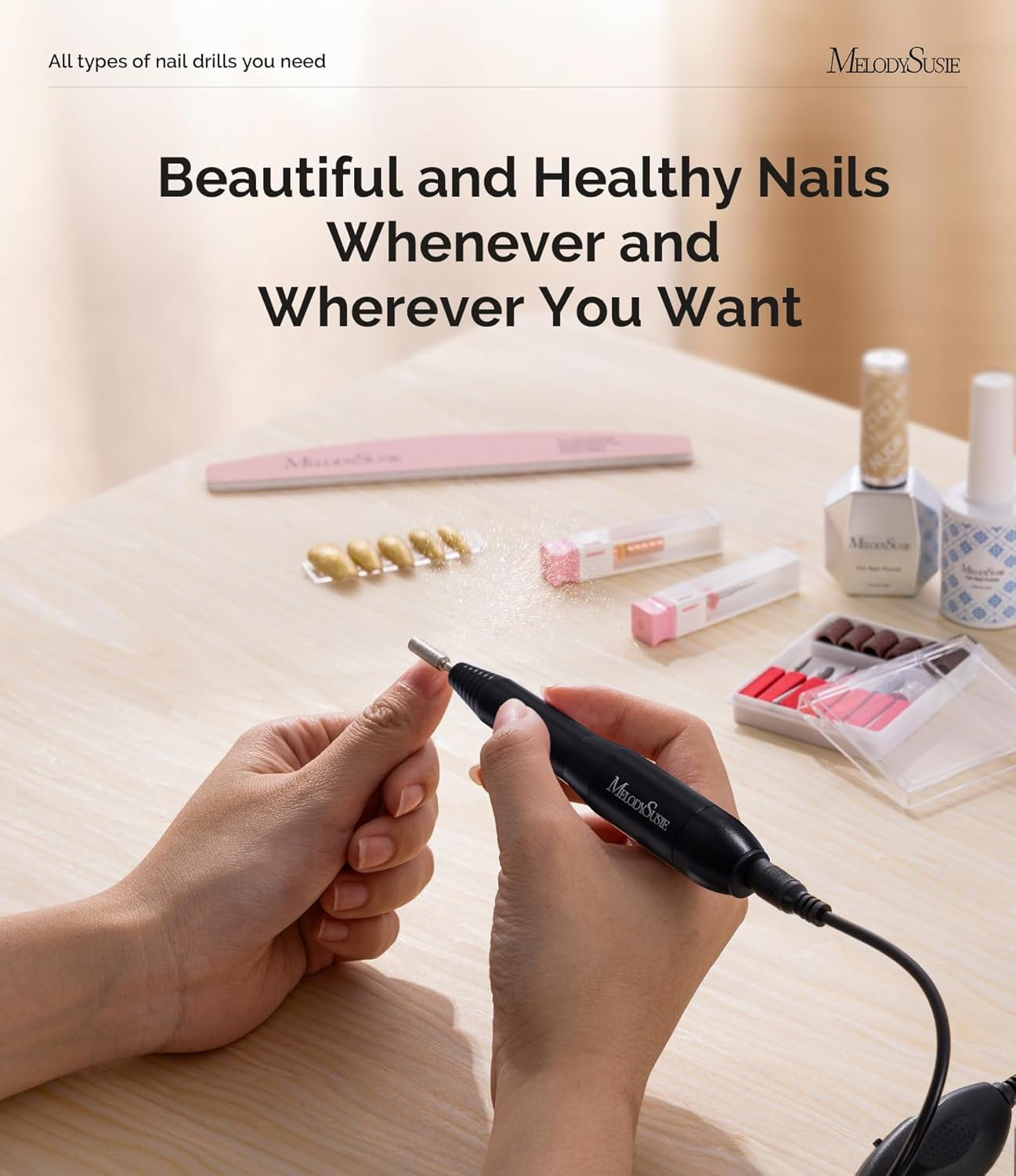 Melodysusie Electric Nail Drill Machine,Pc120I Portable Electric Nail File Efile Set for Acrylic Gel Nails, Manicure Pedicure Tool with Nail Drill Bits Sanding Bands Dust Brush, Black