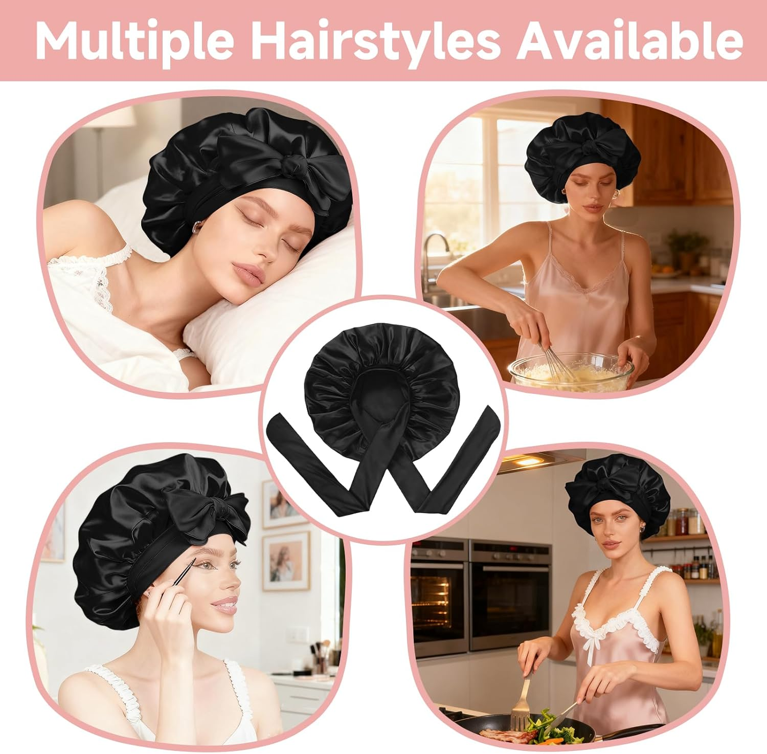 AIAOO Silk Bonnet for Sleeping Satin Hair Bonnet with Bow Ribbon Elastic Wide Band, Large Size for Curly Natural Hair, Night Sleep Cap for Women, Soft Breathable, Wig Protection image number 4