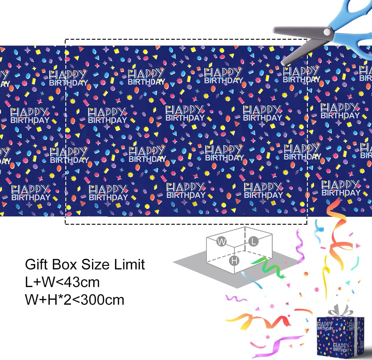 RINGSUN Birthday Wrapping Paper Roll, 3-Rolls 43X300Cm Happy Birthday Gift Wrapping Paper and 2-Rolls Band - Ideal for Boys & Girls Presents image number 4