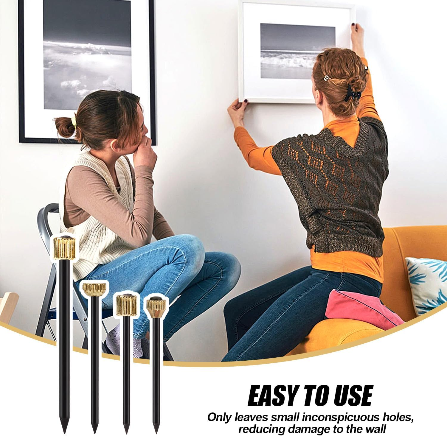 120Pcs Picture Hanging Nails, Steel Pin & Brass Head Picture Frame Nails with Plastic Box 4 Size Picture Decorative Hangers for Pictures Mirrors Baskets