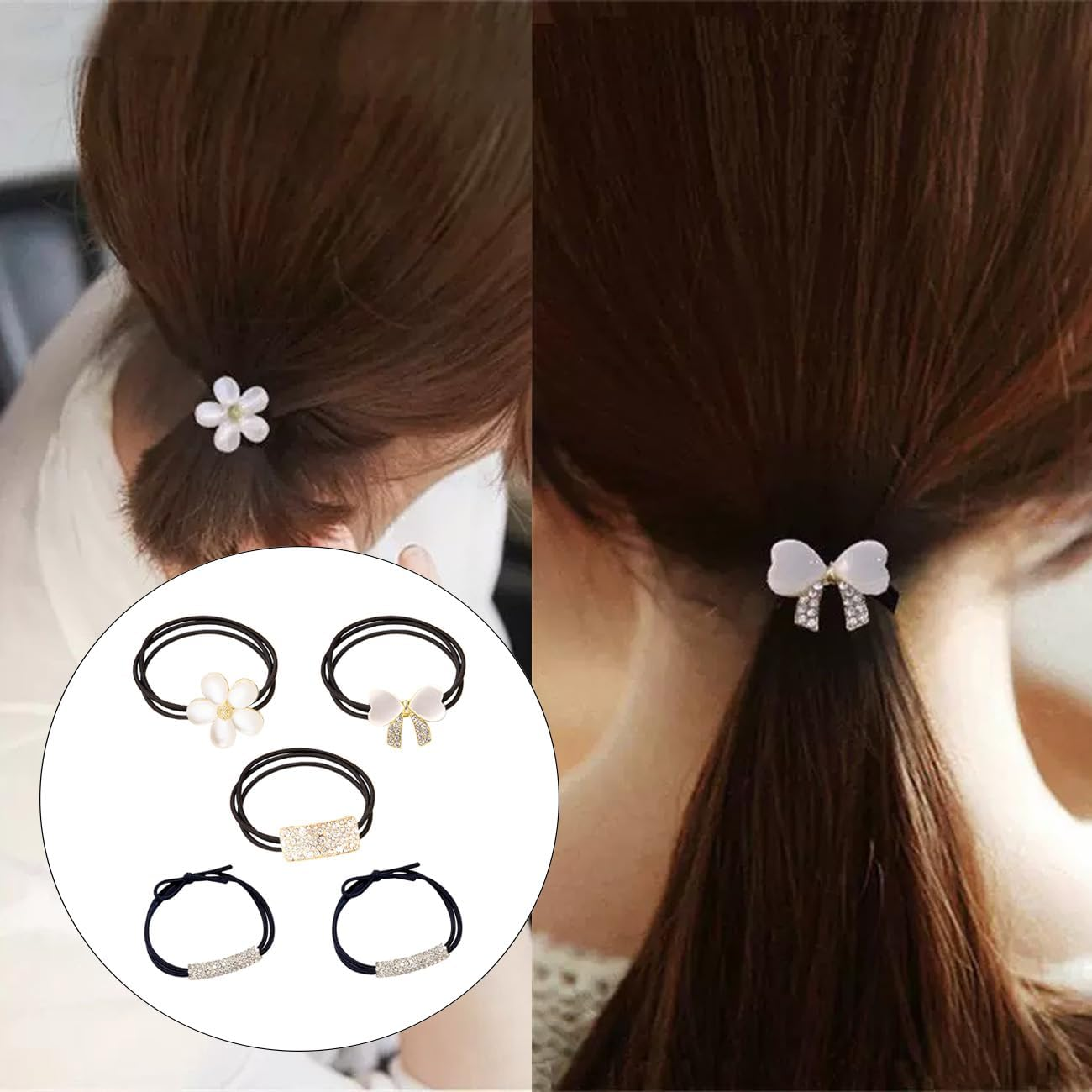 Gaodercha Pack of 5 Sparkling Rhinestone Ponytail Hair Ties 4 Styles Elegant Hair Accessories Decorative Fashion Silver Butterfly Knot Flower Ponytail Holder Bling Hair Accessories for Women Girls image number 4