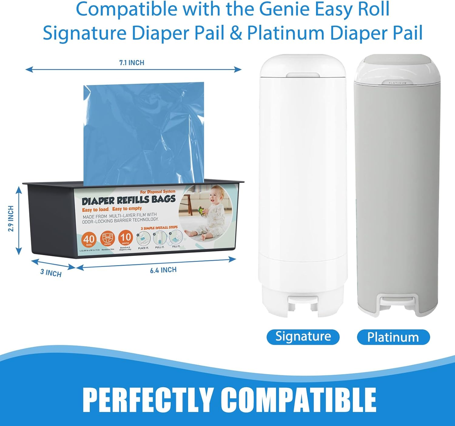 Upgrade Diaper Pail Refills Bags with 40 Bags Compatible with Genie Easy Roll Signature and Platinum Diaper Pails, 7-Layer Odor-Barrier Technology, 3 Pack (120 Bag) image number 6