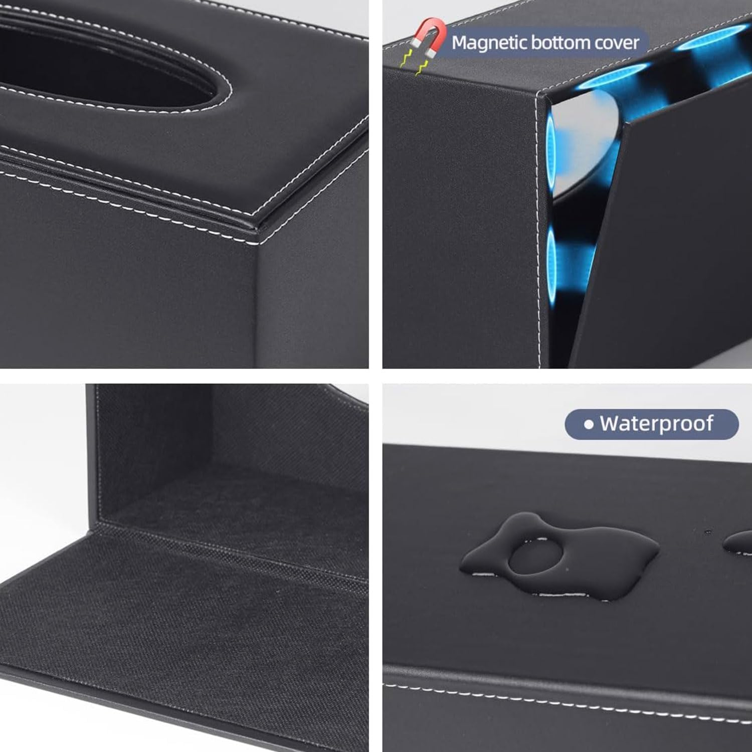 2 Pack PU Leather Tissue Box Holder,Stylish Tissue Box Holder with Magnetic Bottom,Rectangle Tissues Boxs,Decorative PU Tissues Cover for Bathroom Living Room Bedroom Table Desk Home Office Car, Black image number 5