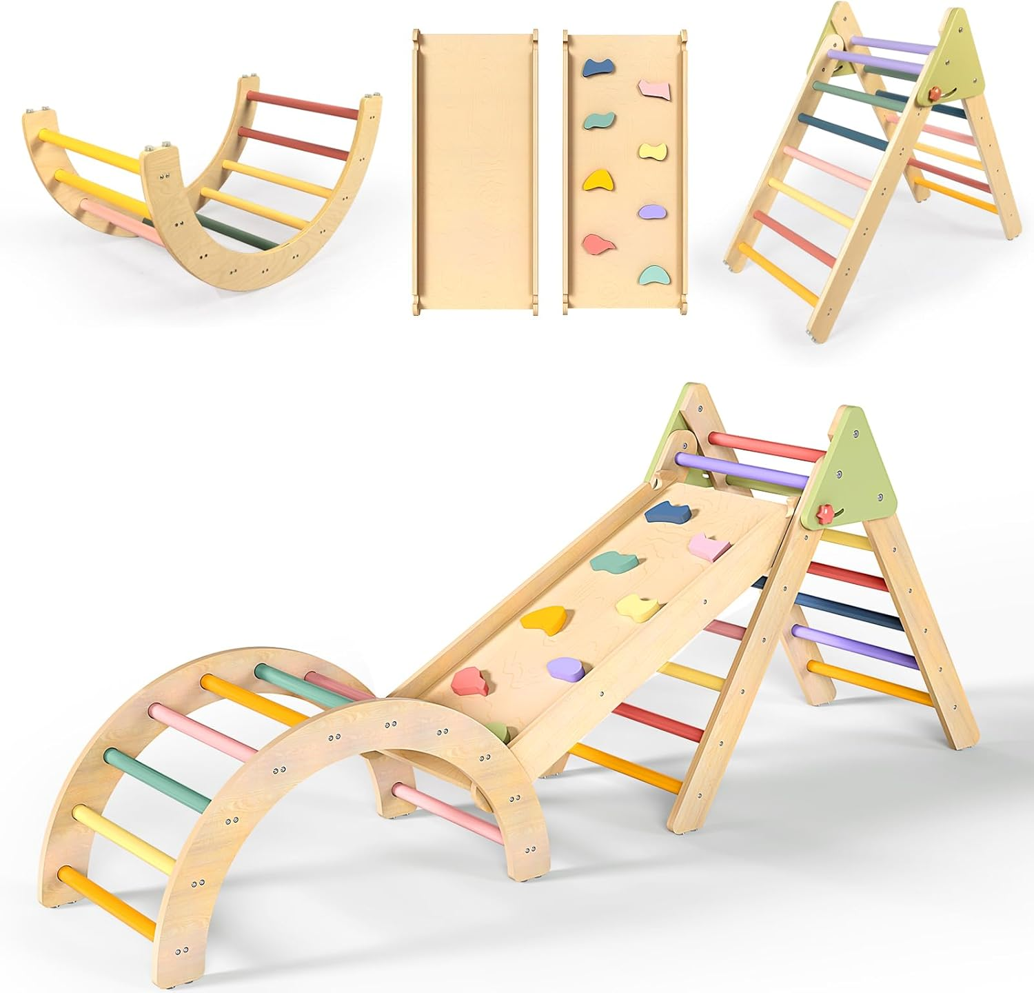 Pikler Triangle Set, Toddler Climbing Toys Indoor Playground, Wooden Montessori Climbing Toys for Toddlers 1-3 Inside