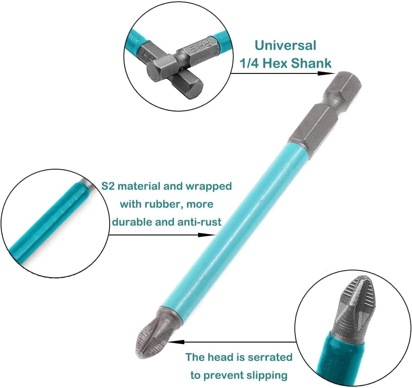 KEWAYO 10Pcs Magnetic Phillips Head Screwdriver Bit Set, PH2, 1/4 Inch Hex Shank, Anti-Slip, 70Mm Length image number 1