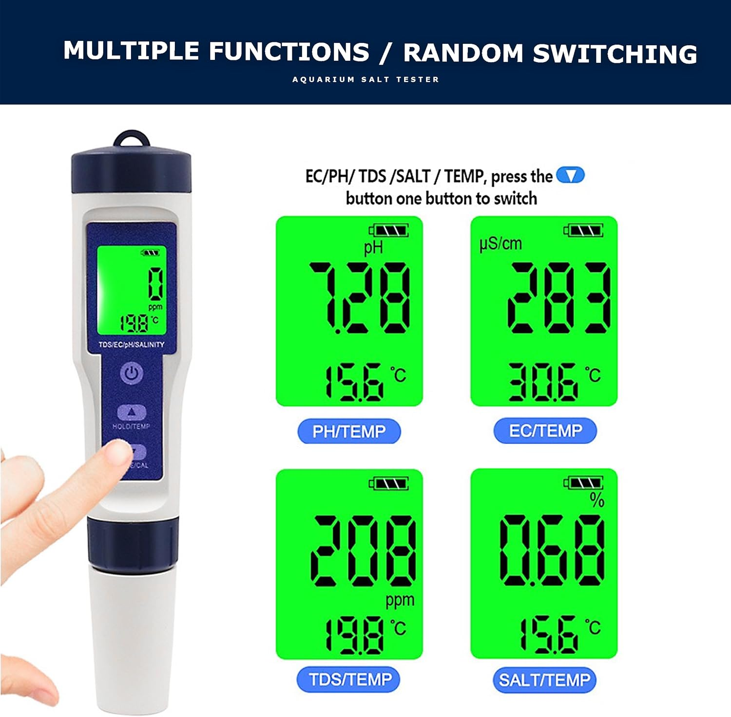 5-In-1 Digital Salt Tester for Aquarium and Pool TDS, Ph, Salinity, EC, and Temperature Meter, Accurate Readings, LCD Display, Waterproof image number 4