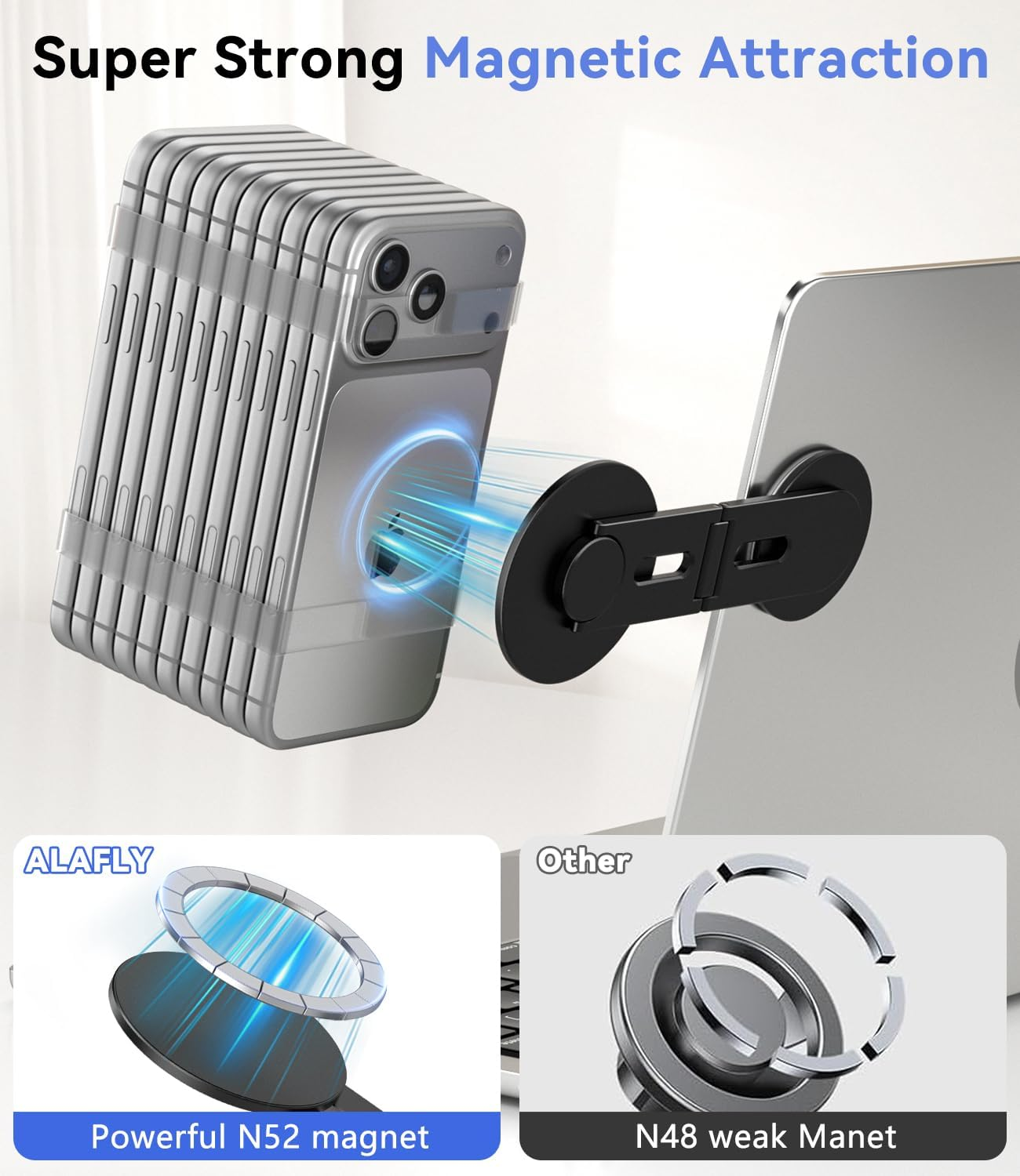 ALAFLY Magnetic Laptop Phone Holder Compatible with Magsafe Iphone, Dual-Axis 180&deg; Adjustable Side Phone Mount, Slim Portable Foldable Stand for Computer/Tesla/Monitor/Treadmill, Black image number 4
