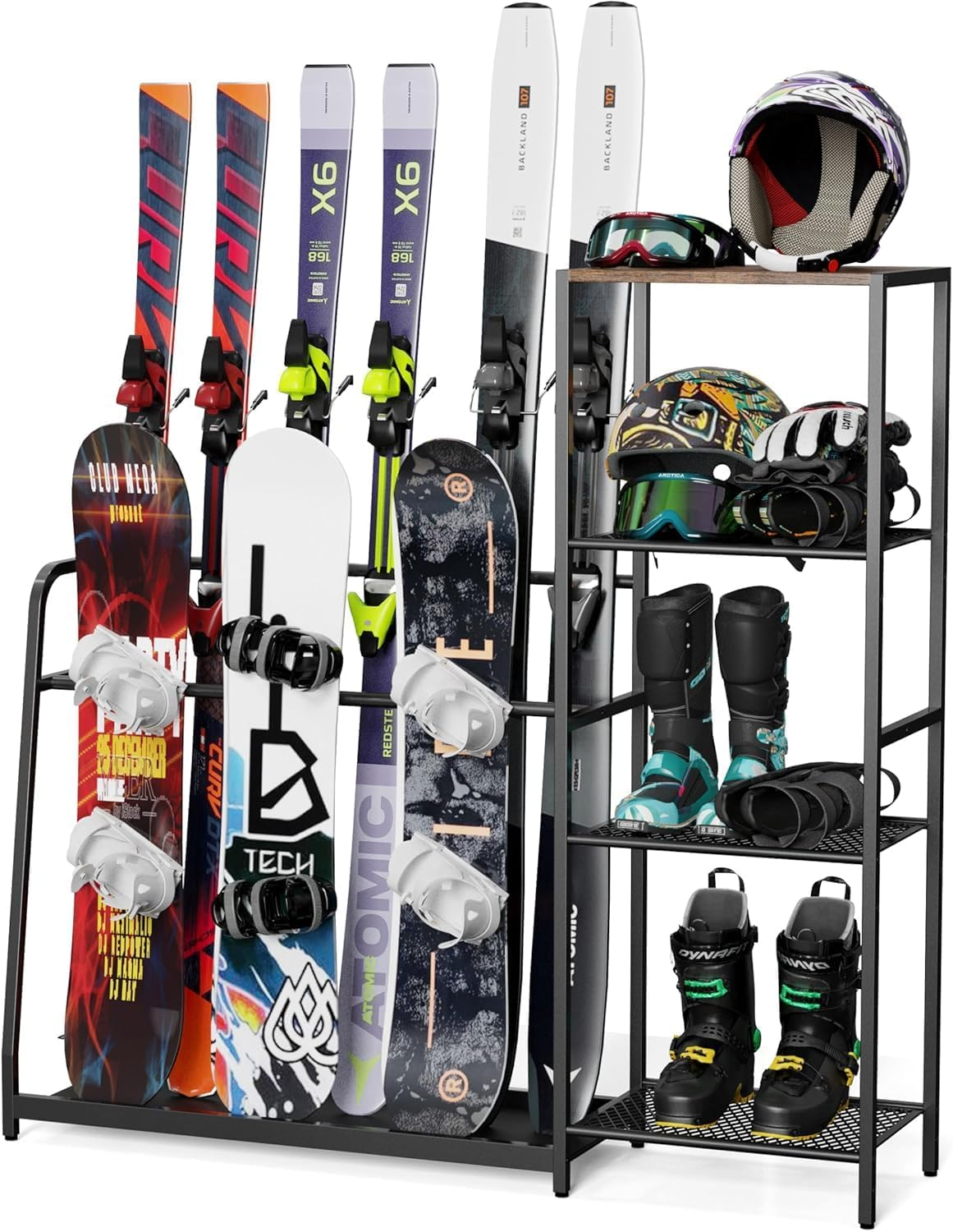 Yoimori Freestanding Snowboard Rack - 4 Pair Ski, 3 Pack Snowboard, Boot, Pole, Goggles, Helmet Rack for Garage, Shed, Basement image number 5