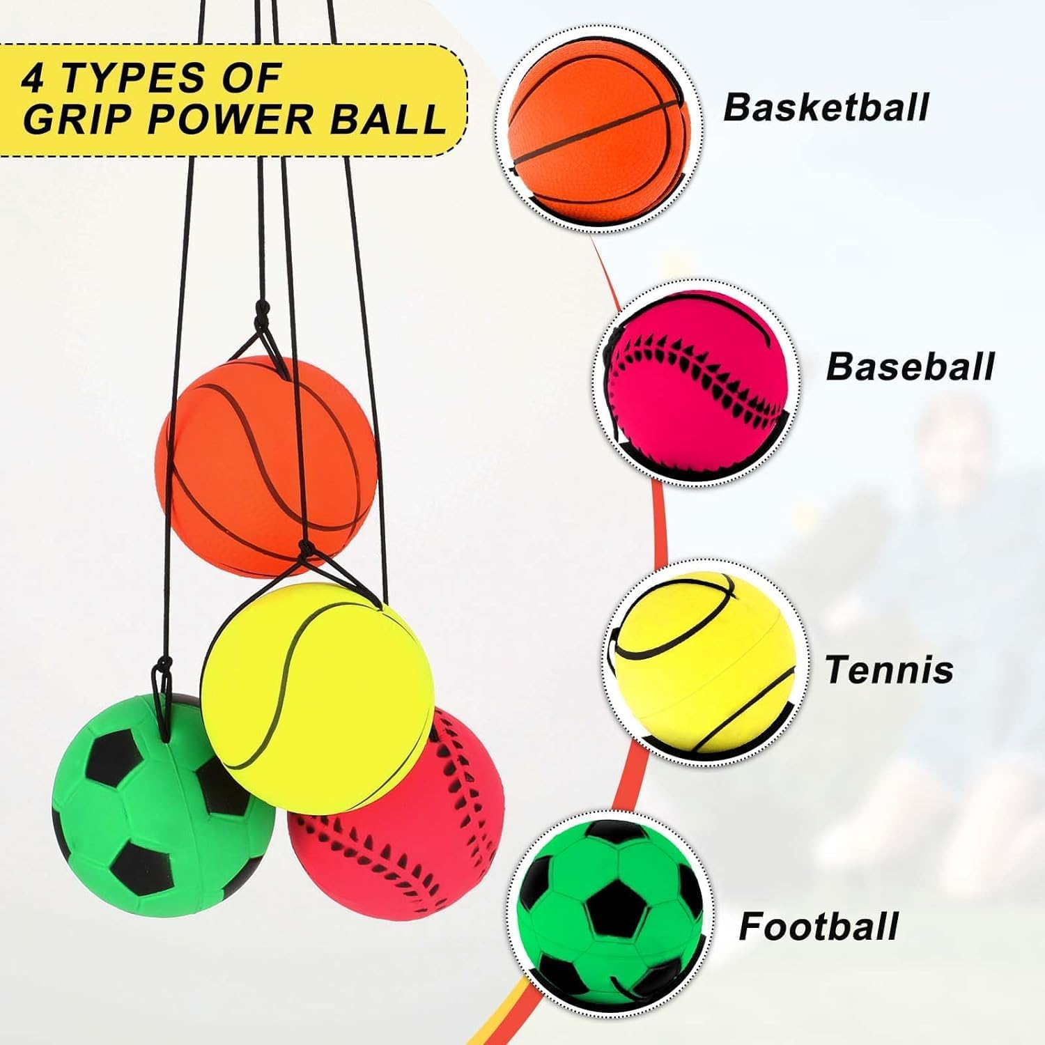 4-Piece Wrist Rebound Ball Set - 2-Inch Rubber Sports Ball for Basketball, Baseball, Football - Wrist Exercise or Play image number 5