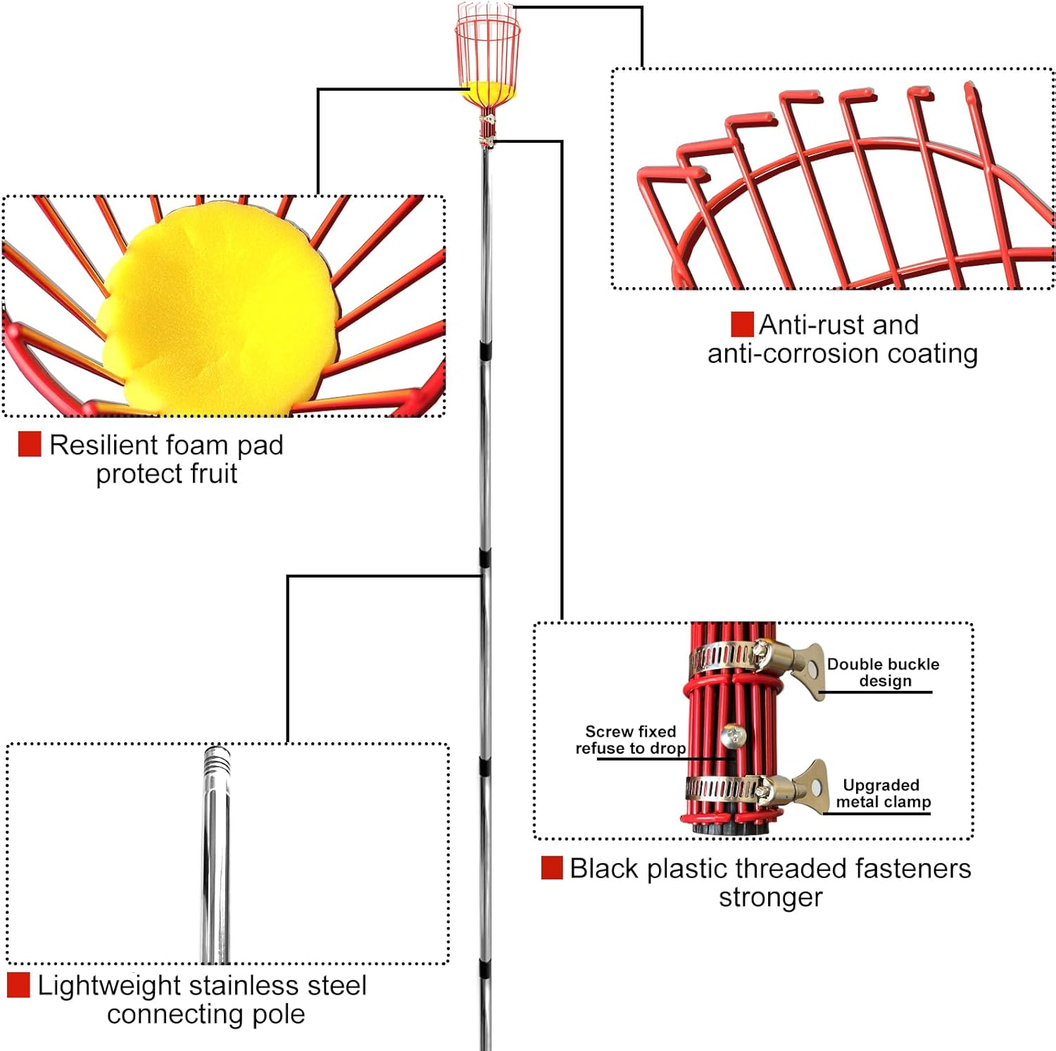 4.3M Fruit Picker, Apple Picker with Telescopic Handle, Fruit Picker Tool with Lightweight Stainless Steel Connecting Pole and Basket, Fruit Grabber Easy to Assemble, Tree Picker for Orange Lemon Etc image number 3