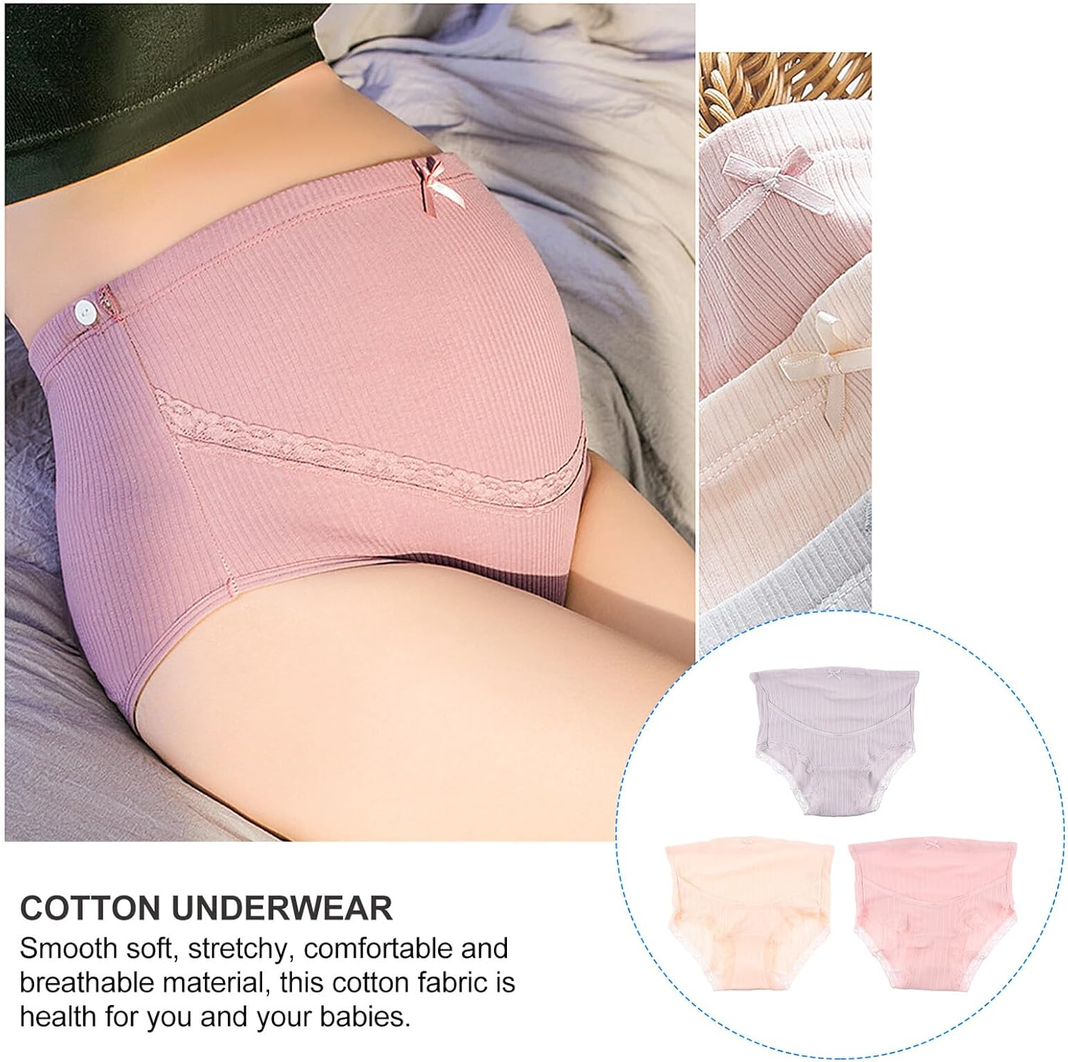 3Pcs High Waist Cotton Maternity Underwear for Pregnant Women Breathable Summer Panties with Scientific Waist Shaping Gentle Support Non-Slip Soft Briefs in Light Grey Honey image number 2