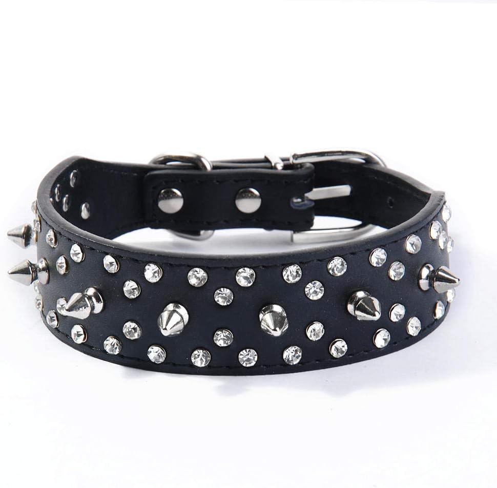 Haoyueer Spiked Studded Dog Collar Stylish Leather Dog Collar, with Bullet Rivets and Rhinestones, Soft and Adjustable for Medium and Large Dogs(Brown,M)