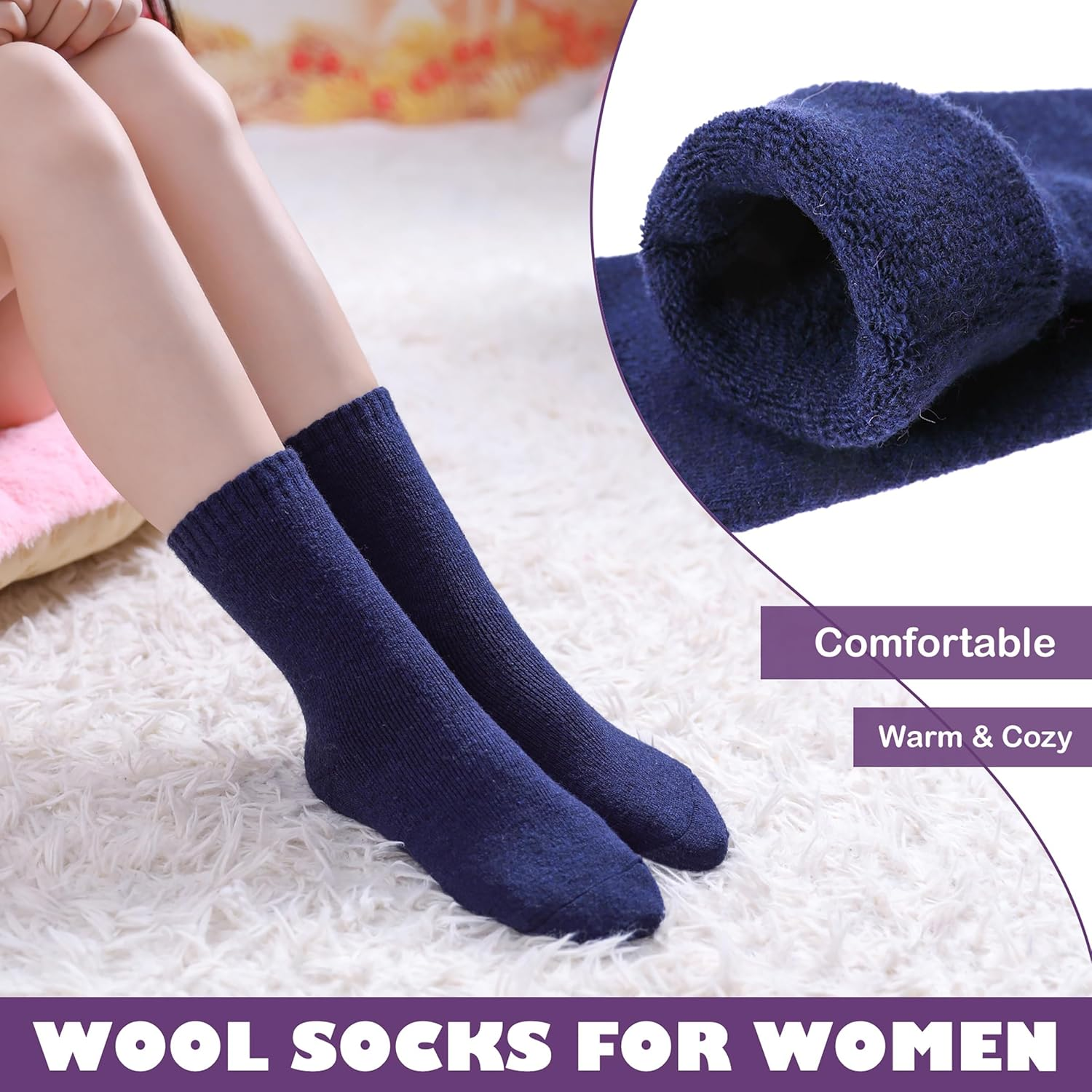 Wool Socks for Women Winter Warm Hiking Thick Warm Cozy Boot Socks 5 Pairs image number 1