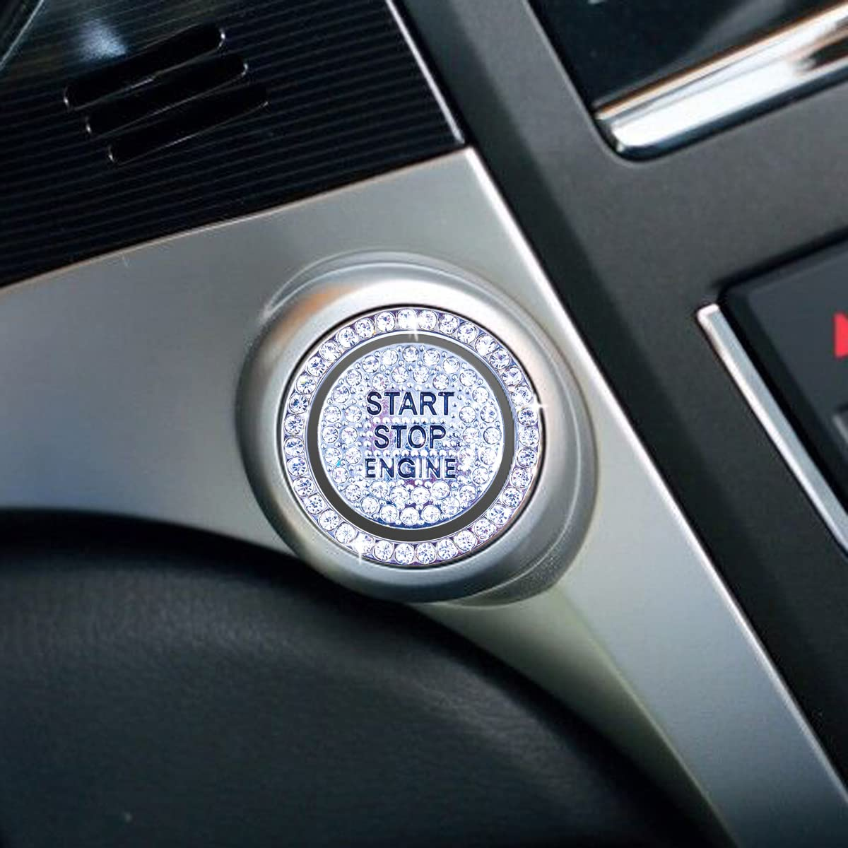 Engine Start Stop Button Bling Ring Cover,Key Ignition Starter & Knob Ring Crystal Rhinestone Cover, Push Start Button Cover Diamond Decor, Car Emblem Badge Sticker Women (Ring+Cover, Silver) image number 1