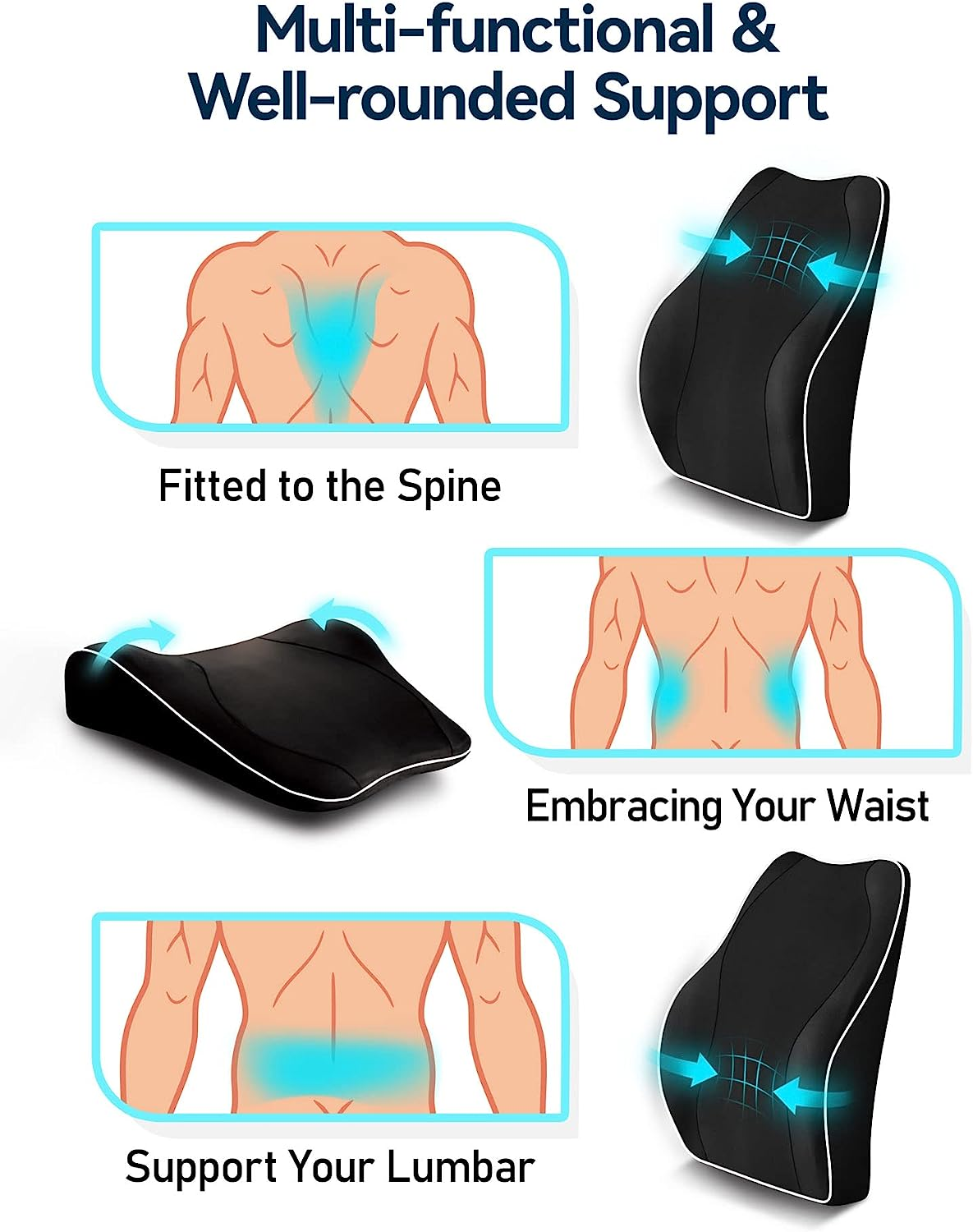 TRAVEL EASE Ergonomic Lumbar Support Cushion, Memory Foam Back Support for Car Seat Office Chair Gaming Chair, Backrest with Skin-Friendly Cover & Dual Adjustable Straps, Black