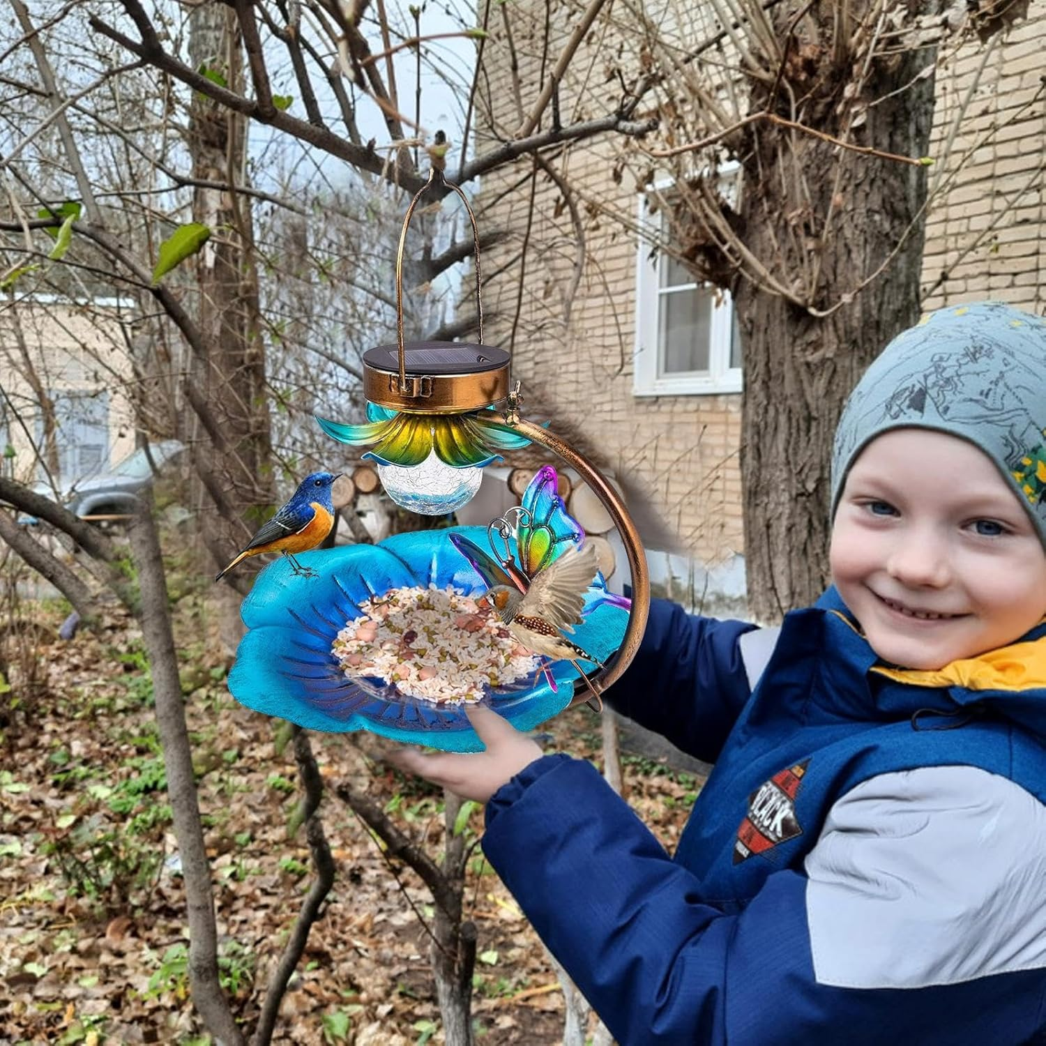 Metal Bird Feeder | Metal Lamp Feeder for Birds | Solar Powered Eaturing an Irregular Interior Pattern and a Bright and Warm Night image number 2