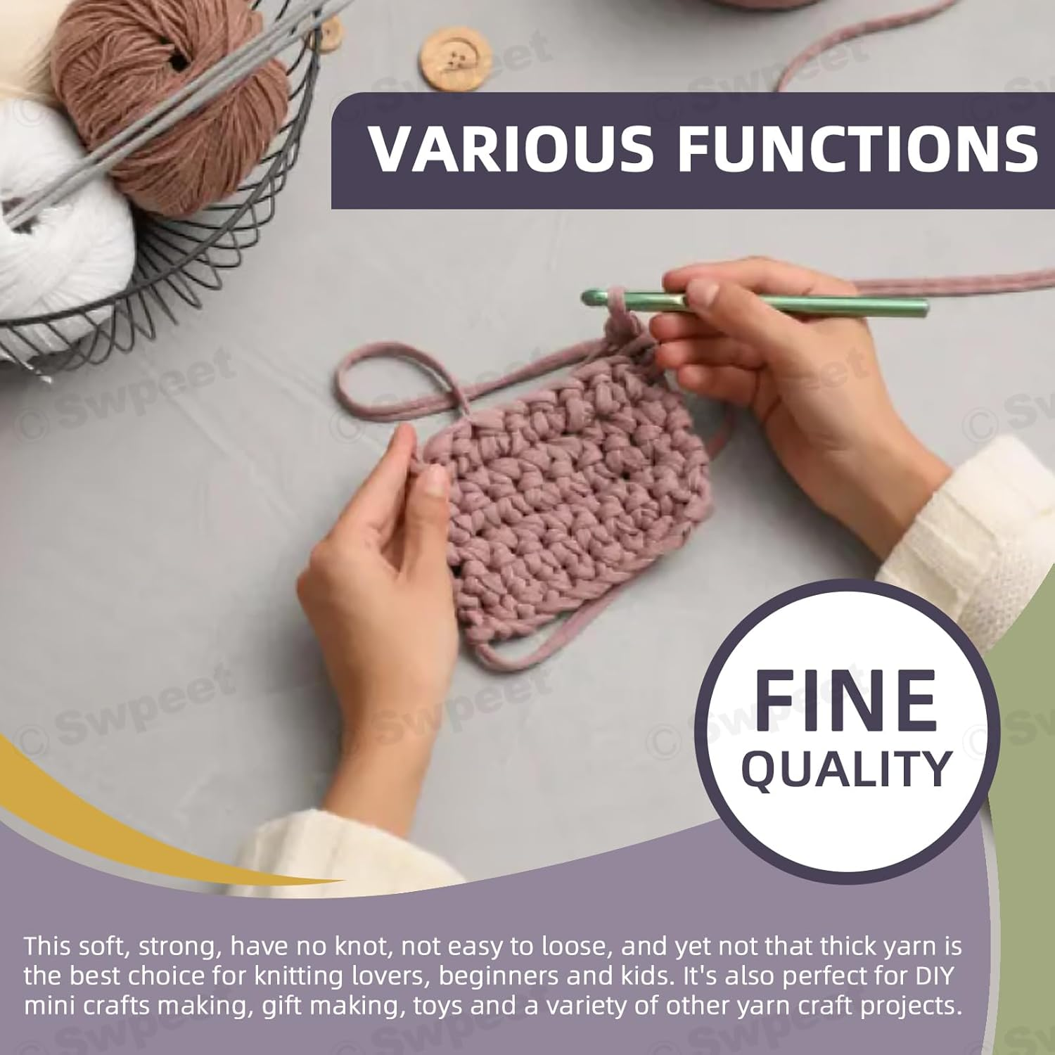 Swpeet 51Pcs Crochet Yarn Kit, Including 32Pcs Multicolor Acrylic Yarn Skeins, 10Pcs Stitch Markers, 6Pcs Plastic Knitting Needle, 2Pcs Crochet Hooks and 1Pc Bag for Crocheting and Knitting image number 6