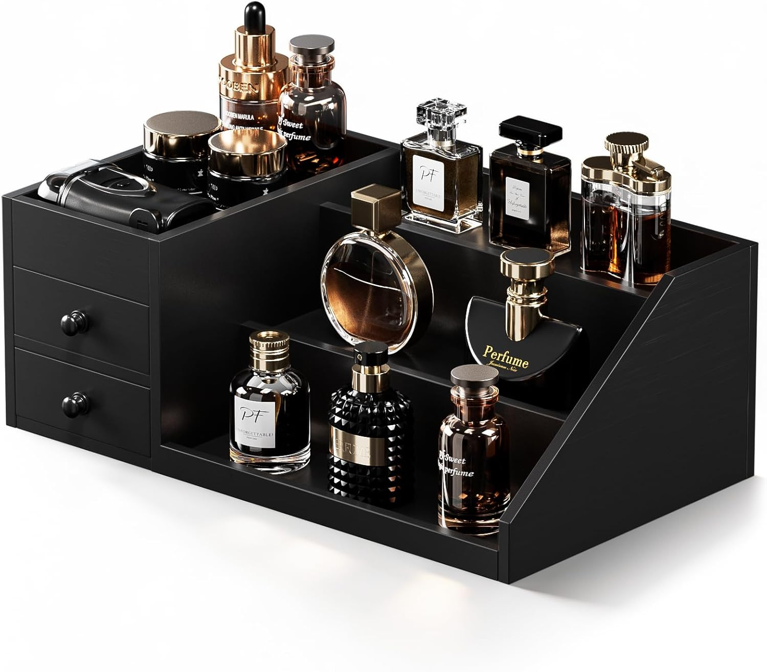 Procase Wood Men&rsquo;S Cologne Organizer with Drawers, 3 Tiers Perfume Elevated Storage Display Shelf Stand Countertop Riser for Cologne Skin Care Hidden Compartment for Father Men -Brown