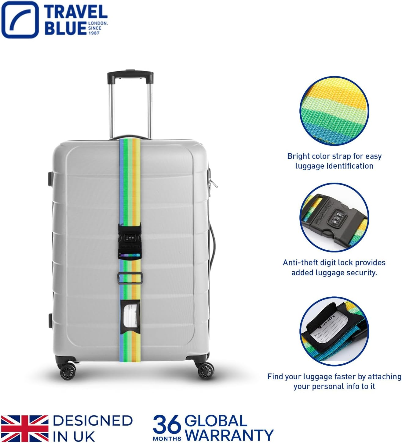 Travel Blue Luggage Straps - 3 Dial Combination Suitcase Straps, Multicolour, 200Cm Length, Secure Your Belongings with High-Impact Buckle and Integrated Address Label, Fits All Luggage Sizes image number 3