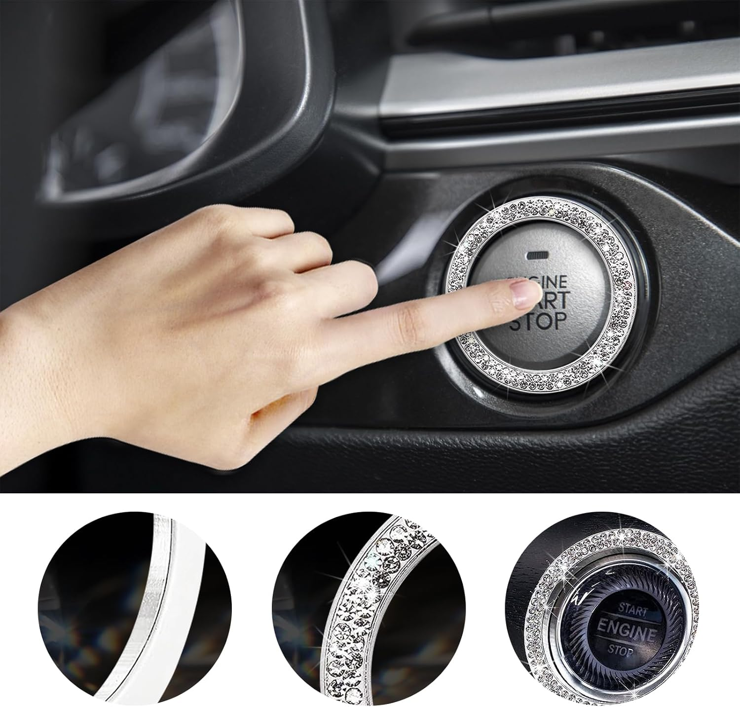 Kewucn Bling Crystal Double Rhinestone Car Engine Start Decoration Ring, Sparkling Push Start Button Sticker, Key Ignition & Knob Ring Decoration, Bling Car Interior Accessory(White) image number 3