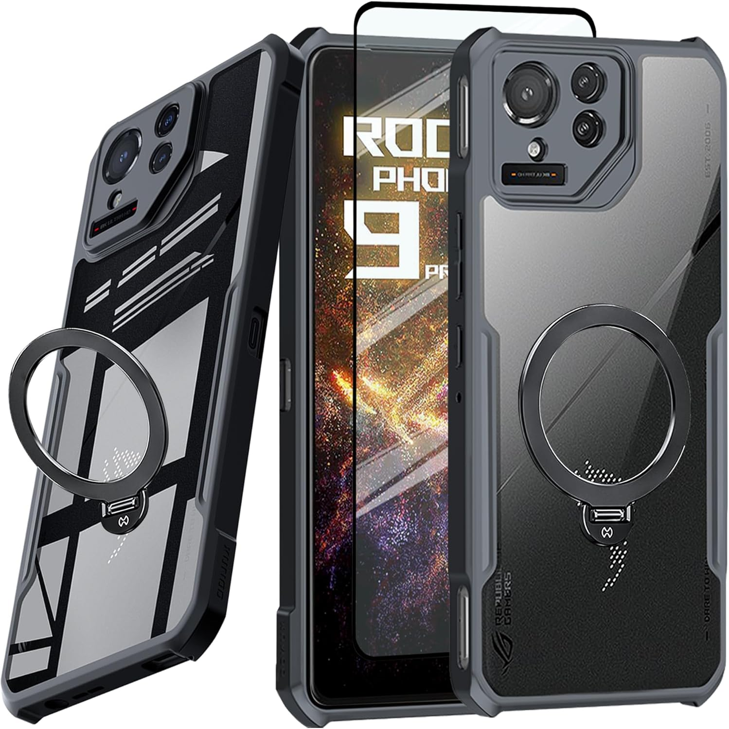 Guizzcg for ASUS ROG Phone 9 Pro Case with Ring Stand Holder Soft TPU Bumper + Acrylic Back Military Grade Airbags Shookproof Drop Protection[1 Tempered Film],Stand Black image number 1